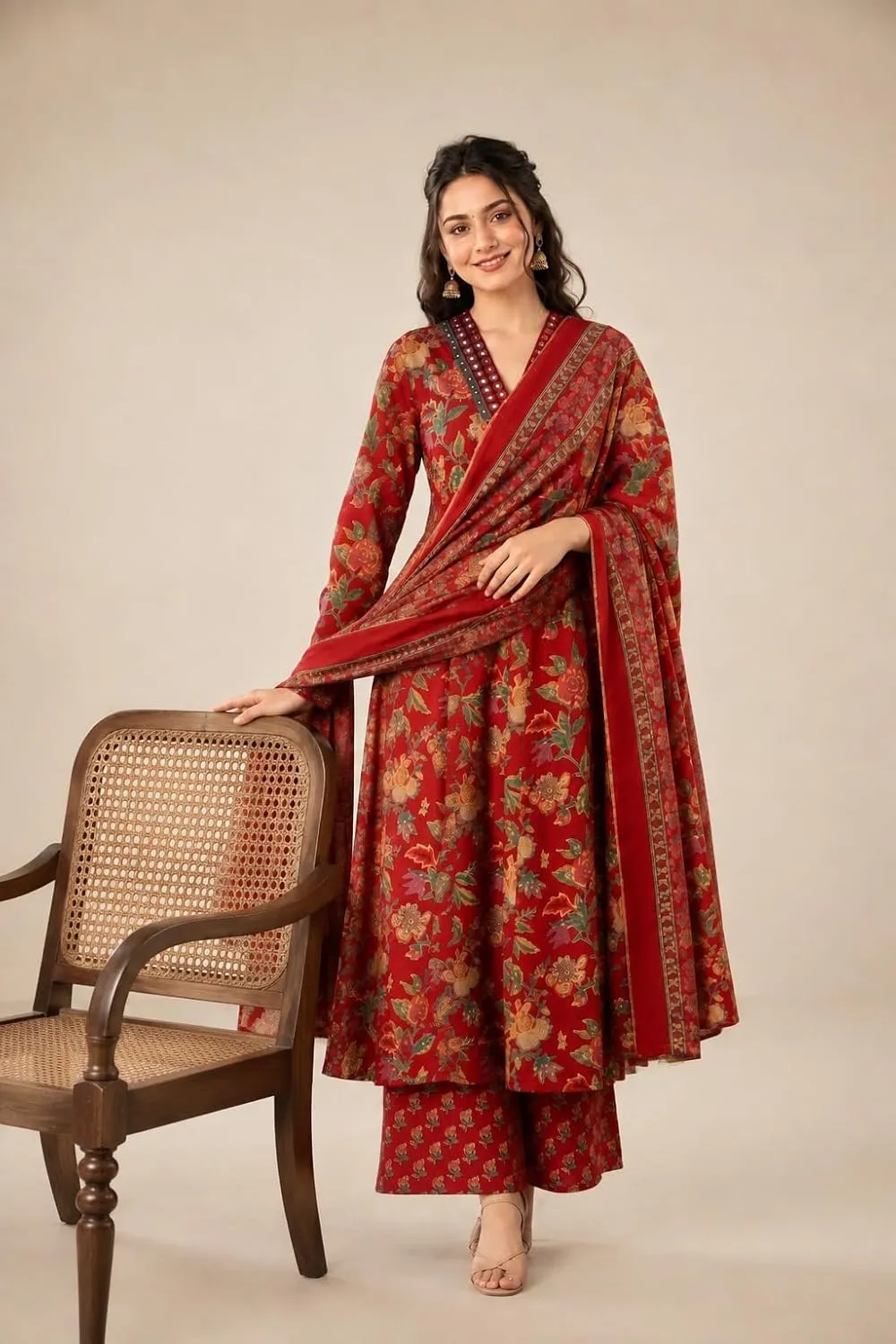Women's Rayon Printed Anarkali Kurta and Pant with Dupatta Set - V-Neckline with Border Embroidery