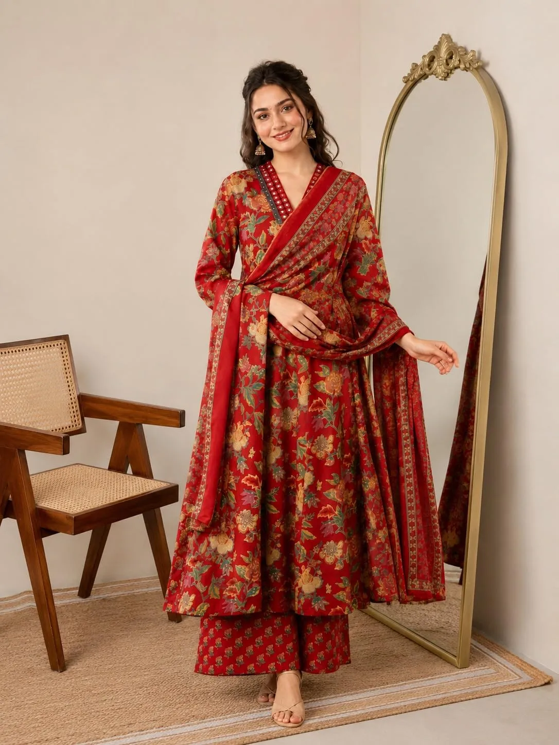 Women's Rayon Printed Anarkali Kurta and Pant with Dupatta Set - Matching Printed Pant Fit & Hem Finish