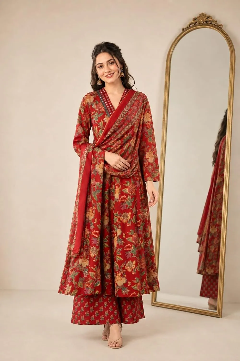 Women's Rayon Printed Anarkali Kurta and Pant with Dupatta Set - Side Profile & Flare Movement