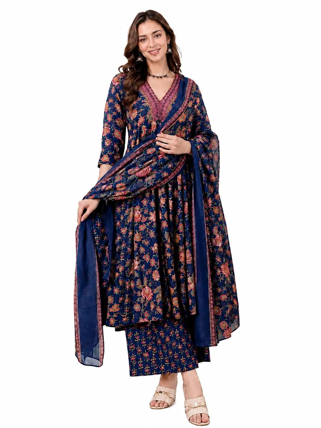 Women's Rayon Printed Anarkali Kurta and Pant with Dupatta Set - Close-Up Soft Rayon Viscose Fabric Texture