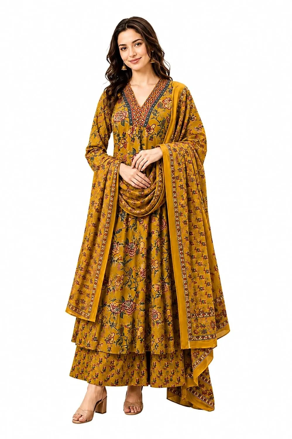 Women's Rayon Printed Anarkali Kurta and Pant with Dupatta Set - Festive & Wedding Styling Look