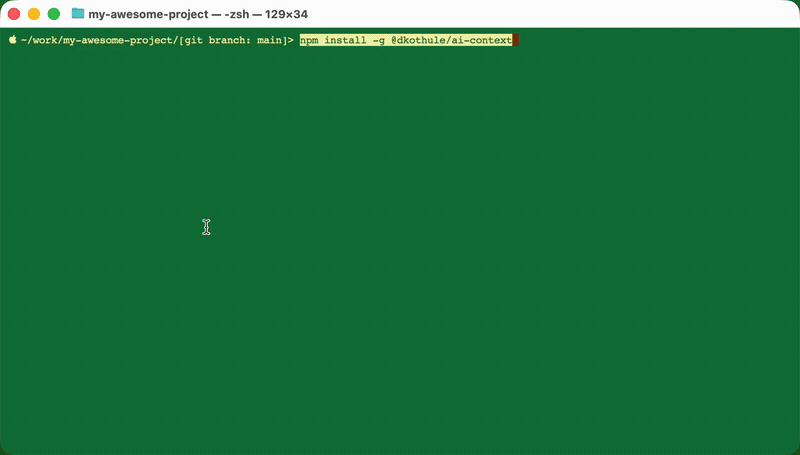 ai-context demo — install, init, and the shared .ai-context/ files agents read