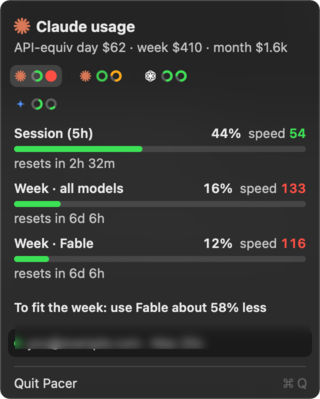 The Pacer card: session and week speed for a Claude login, with the advice to use Fable less