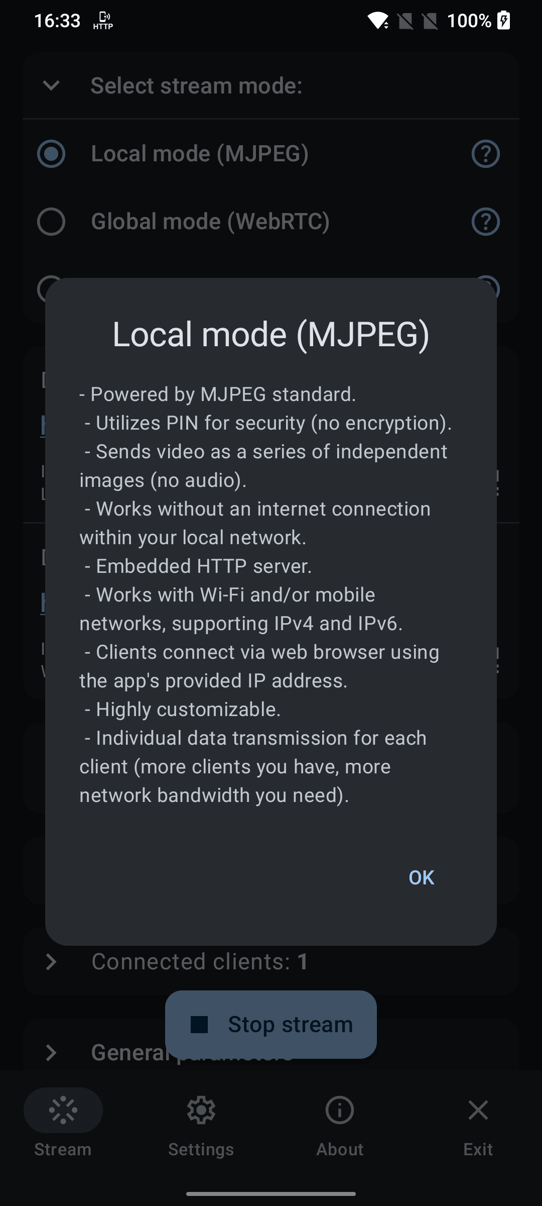 Local mode information dialog