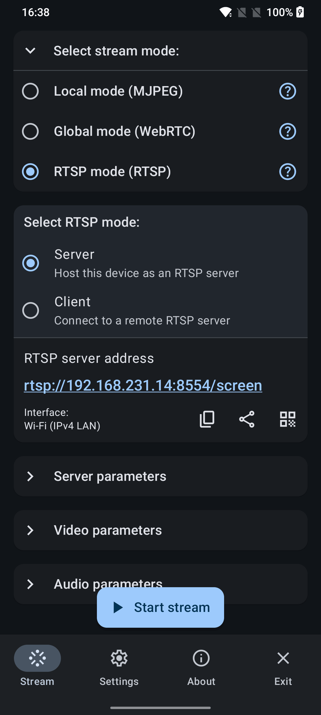 RTSP mode main screen