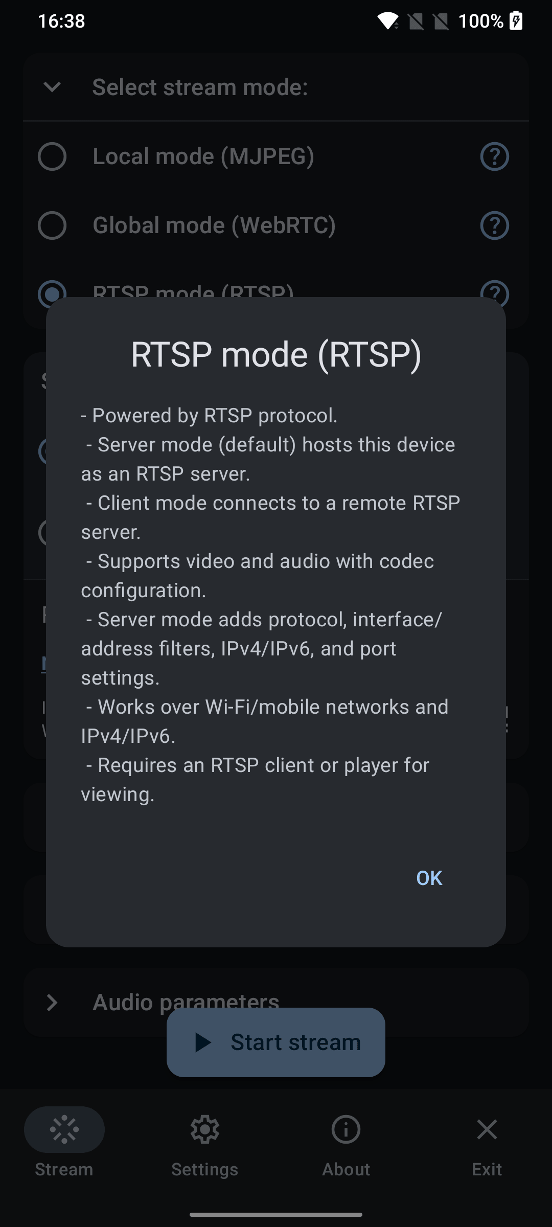 RTSP mode information dialog