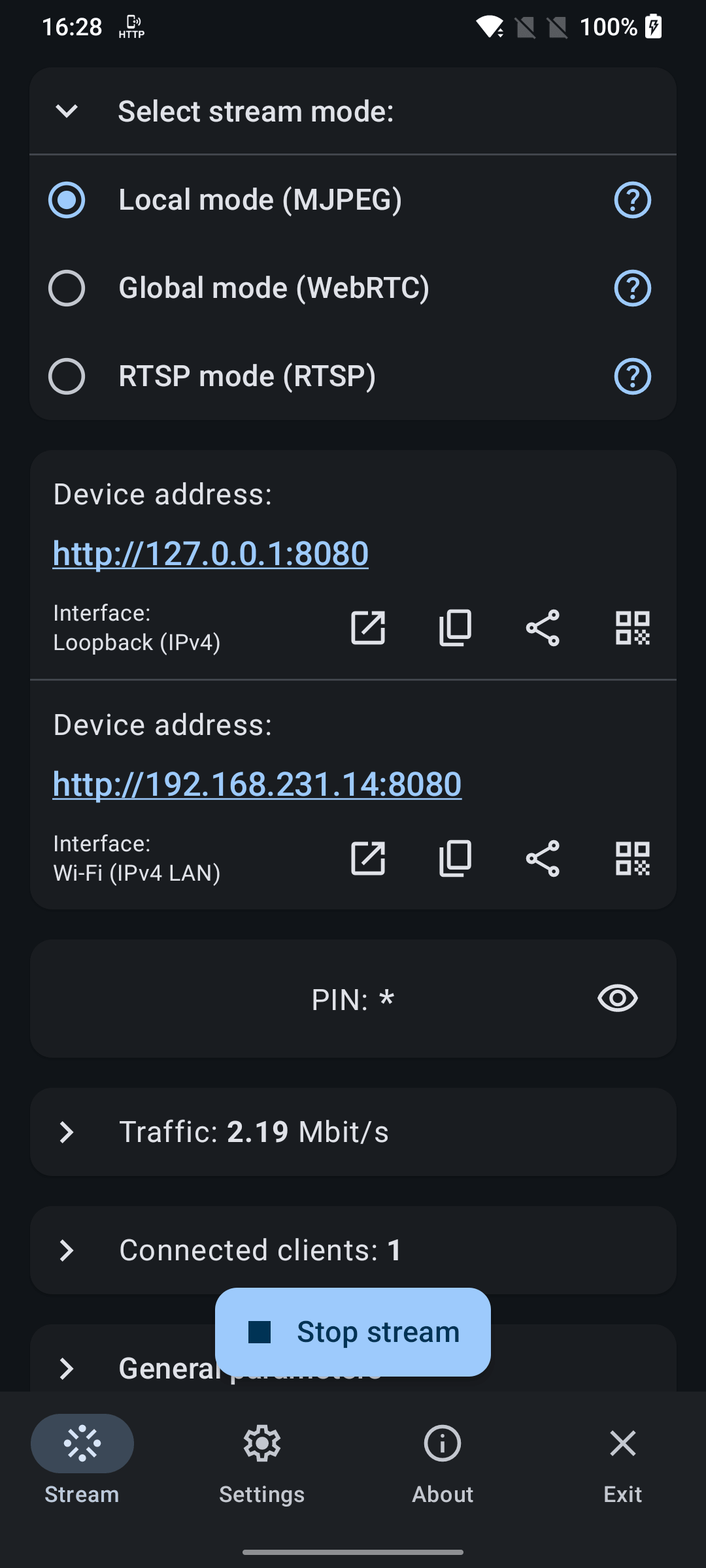 Local mode main screen