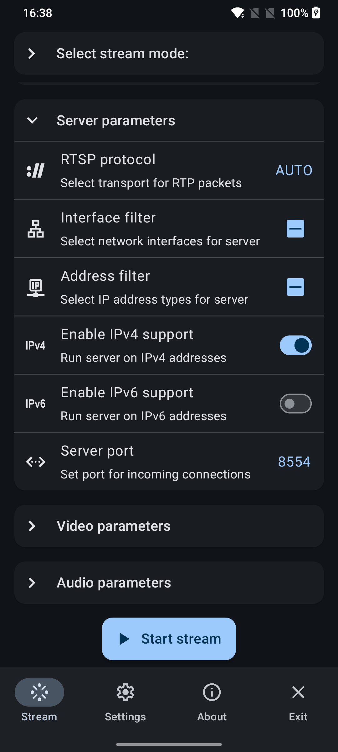 RTSP mode server settings