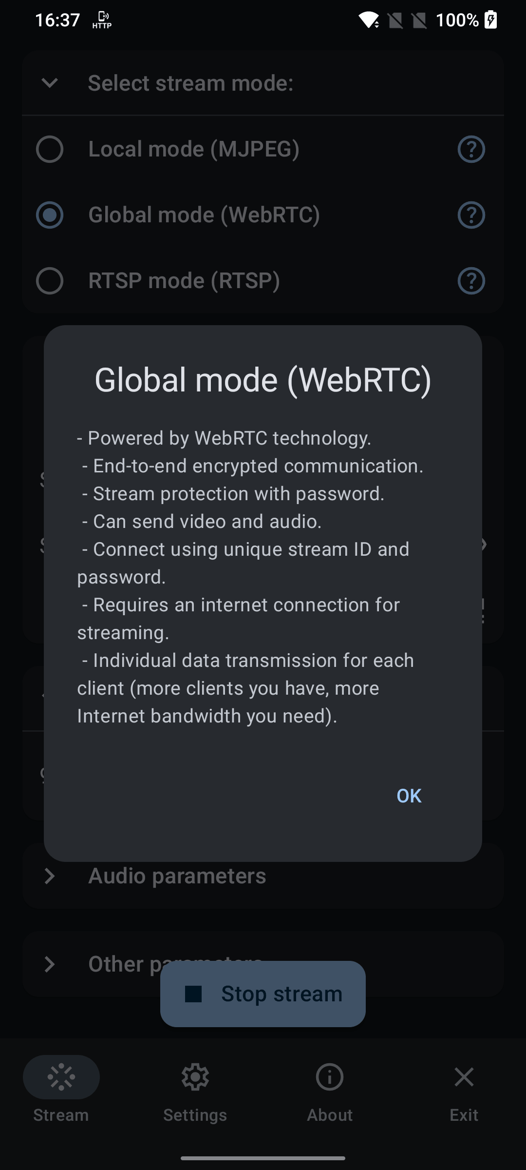 Global mode information dialog
