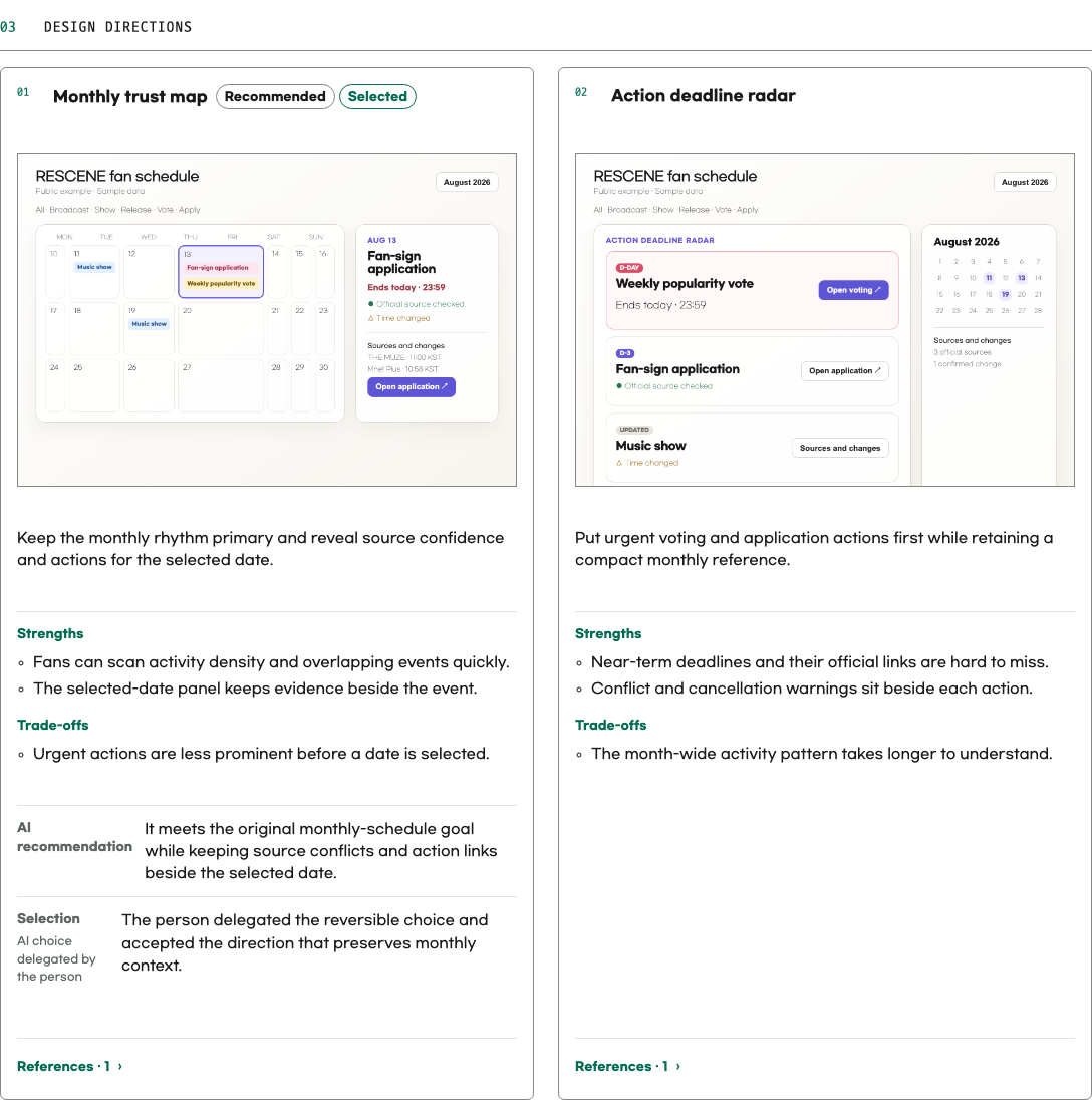 Two design directions for the trusted fan schedule in an English Align artifact