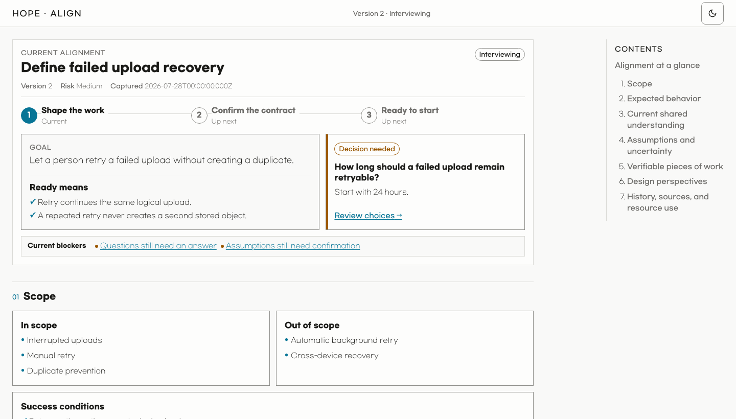 Hope Align example showing a failed-upload recovery decision, current blockers, scope, and success conditions
