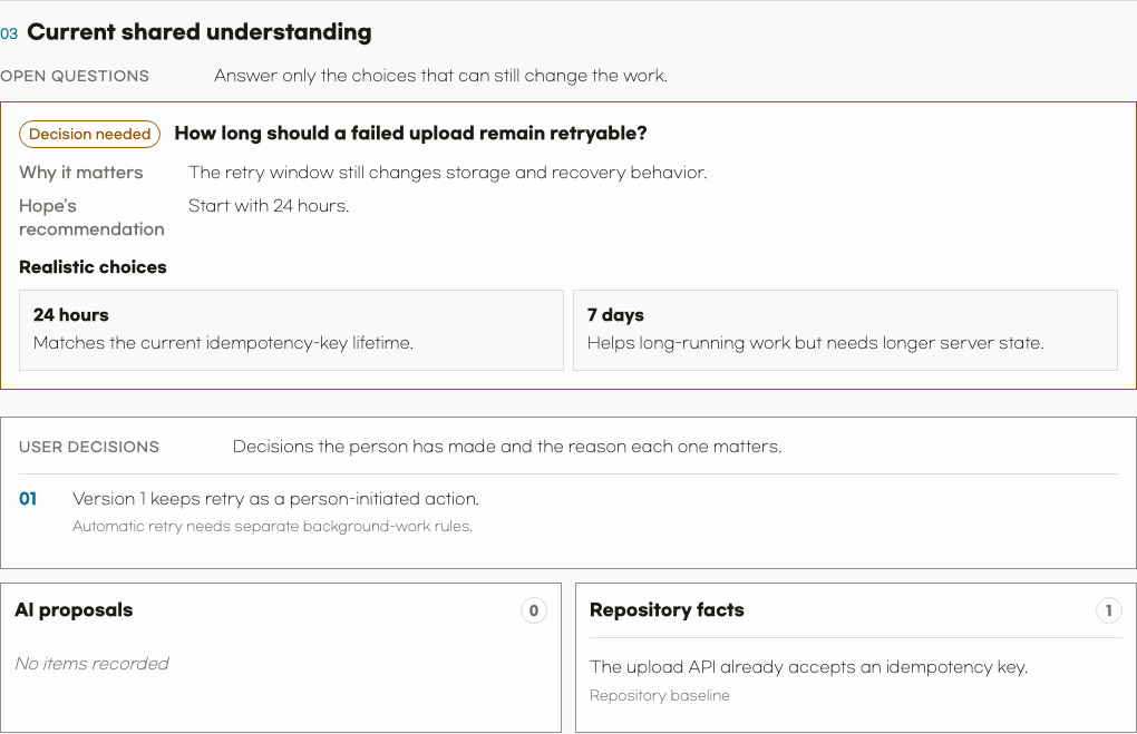 The open question, choices, recommendation, and settled decision in an Align artifact