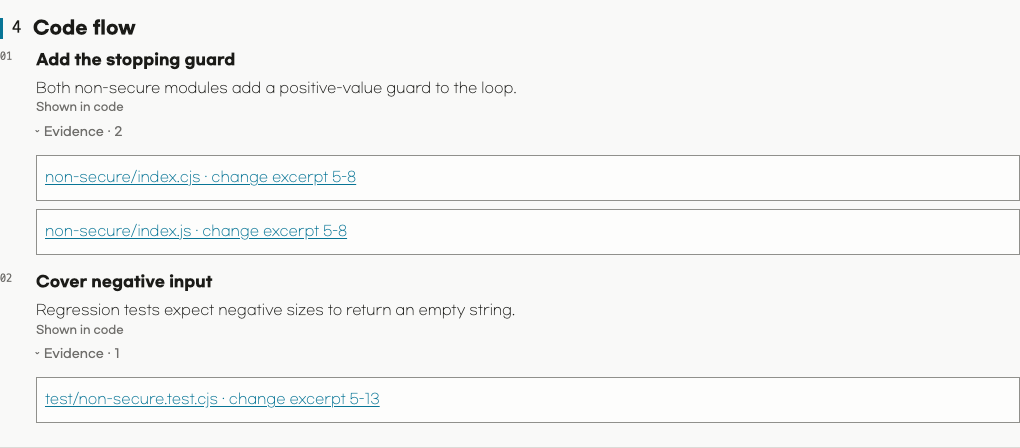 Code steps and supporting evidence links in a Diff artifact