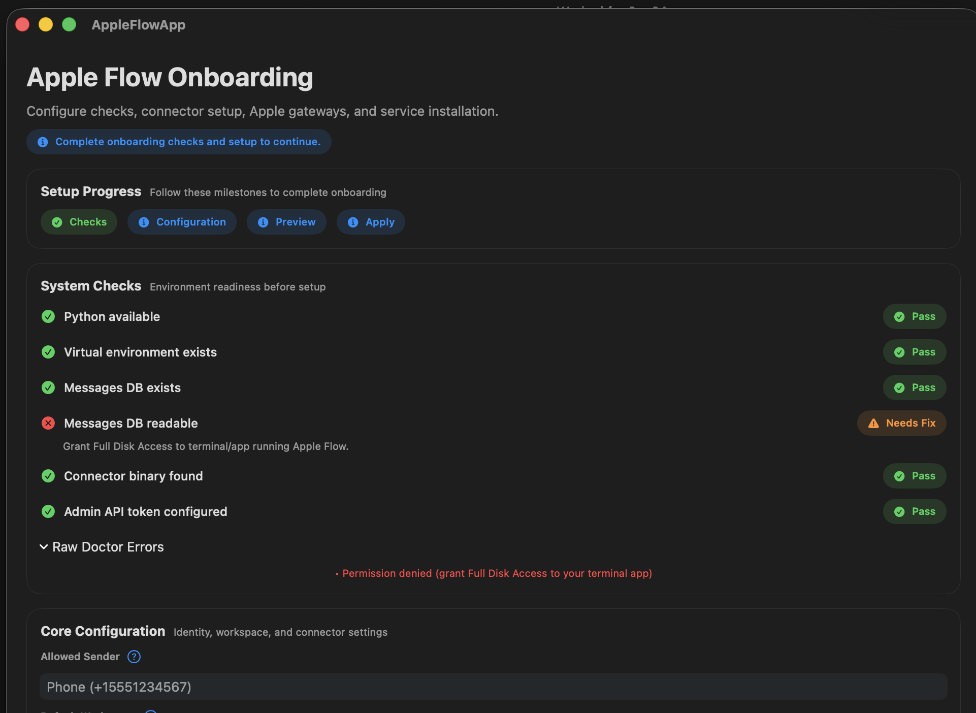 Apple Flow onboarding error screen