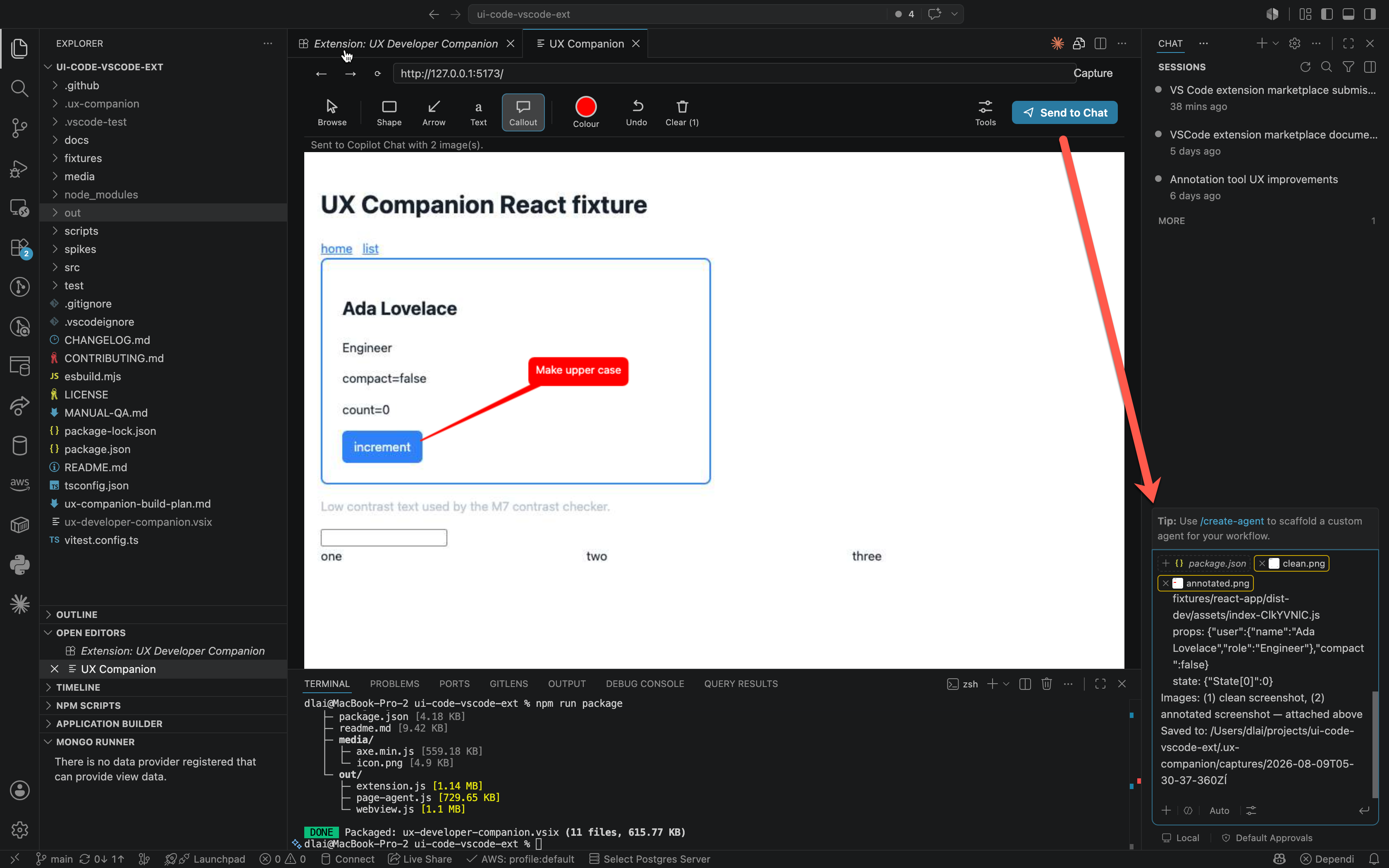 The UX Companion panel open beside the file tree: a React app running in the embedded browser with a red callout reading 'Make upper case' pointing at the increment button, and Copilot Chat on the right holding the clean screenshot, the annotated screenshot, and a context block naming the source file, props, and state.