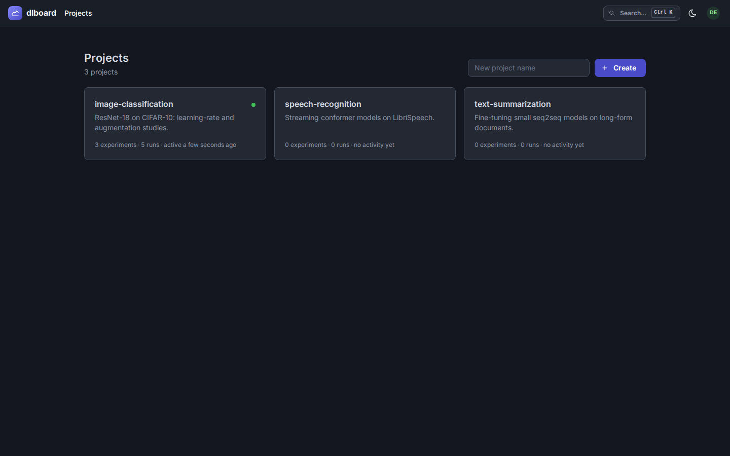 The home page with a list of projects