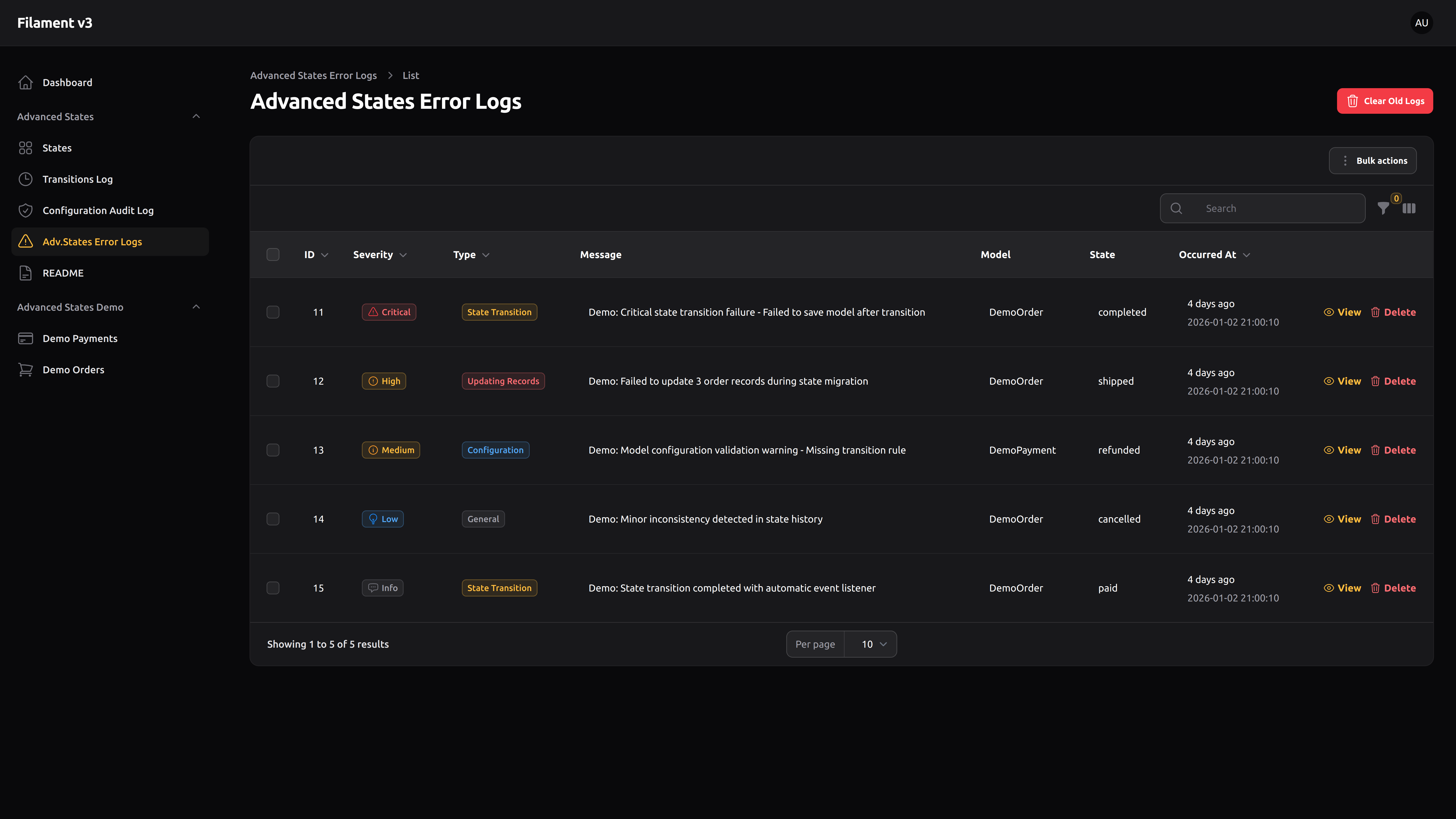Advanced States Error Log – Dark mode