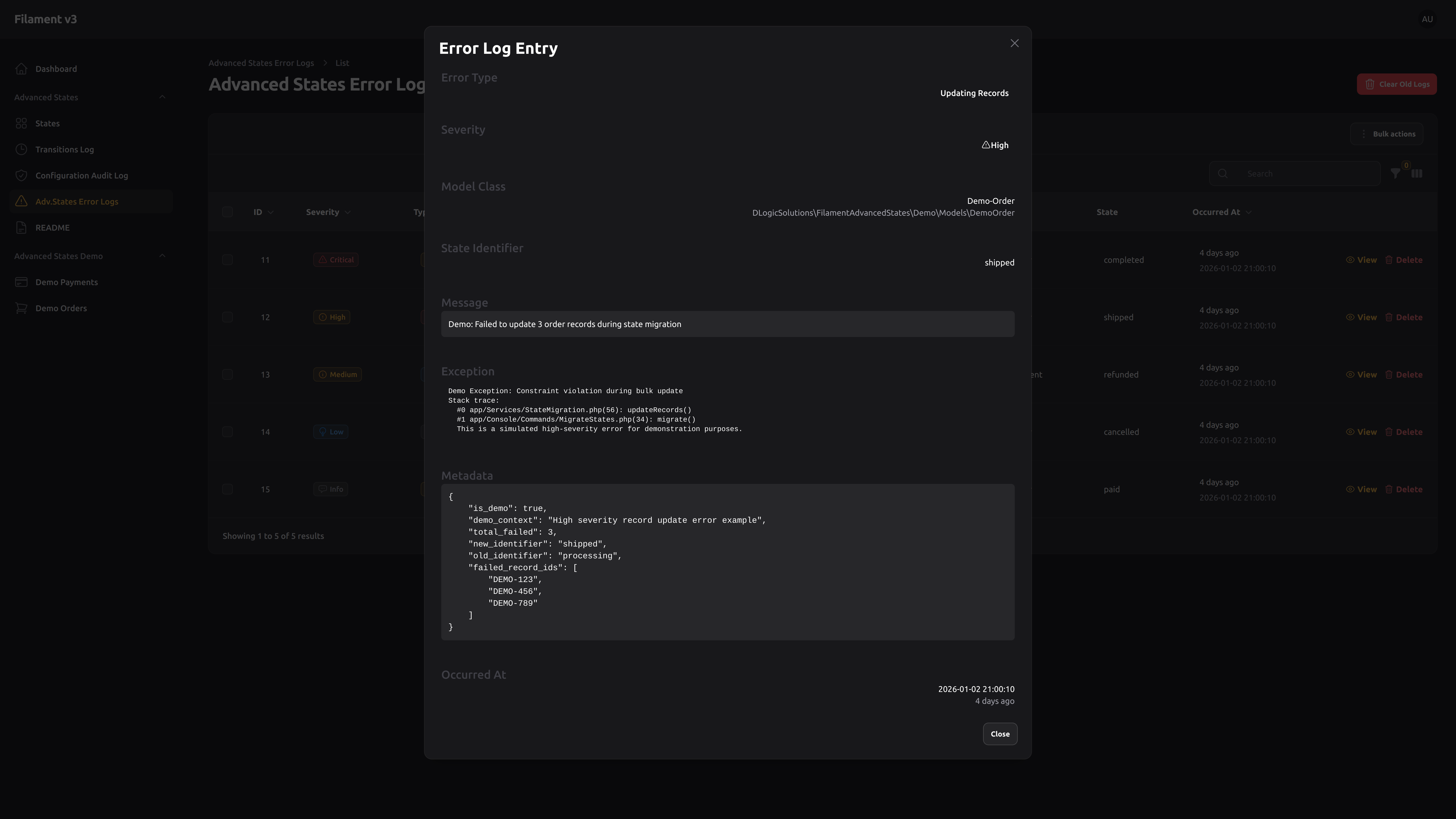 Error Log Entry – Dark mode
