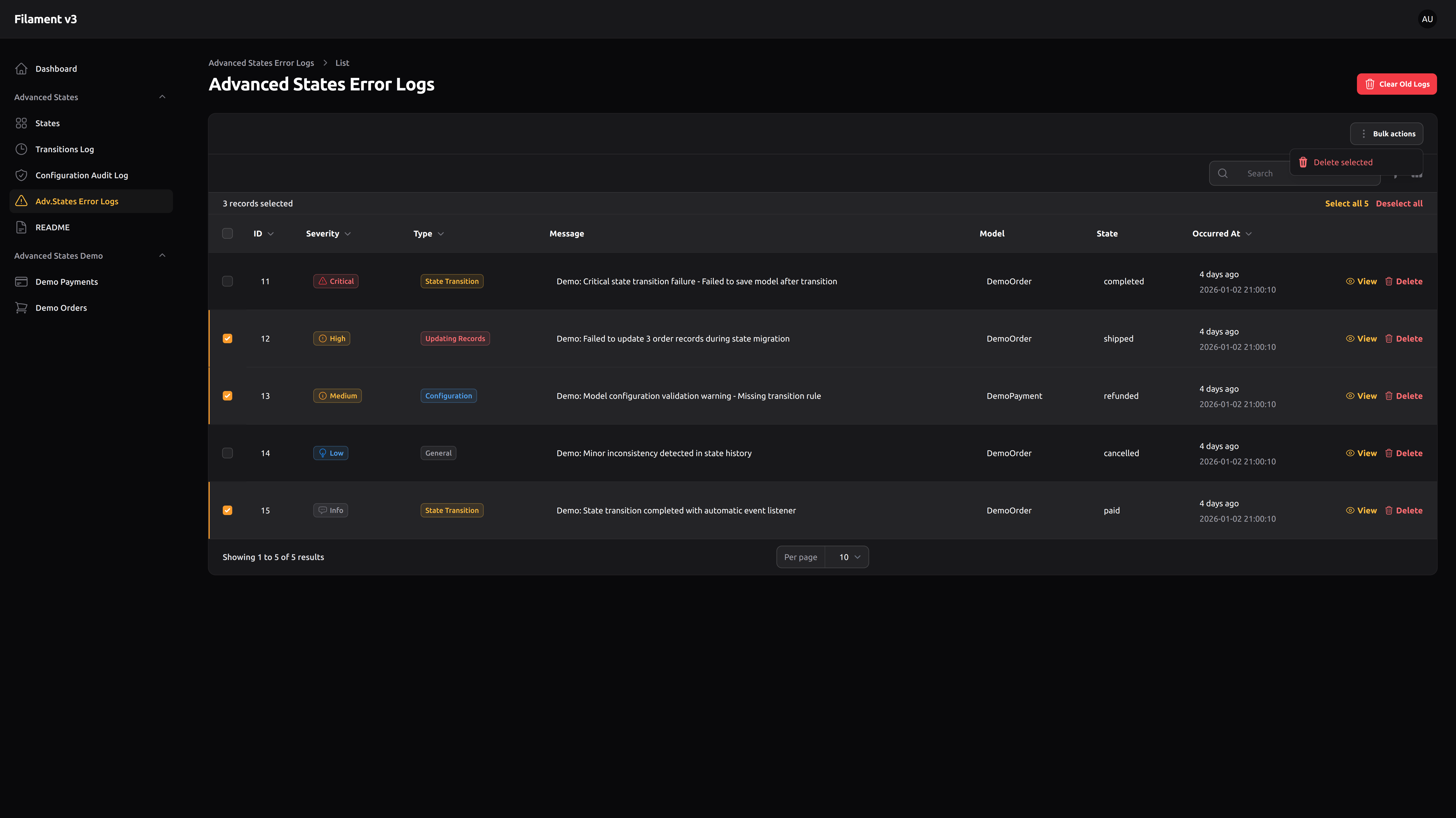 Advanced States Error Log – Bulk actions – Dark mode