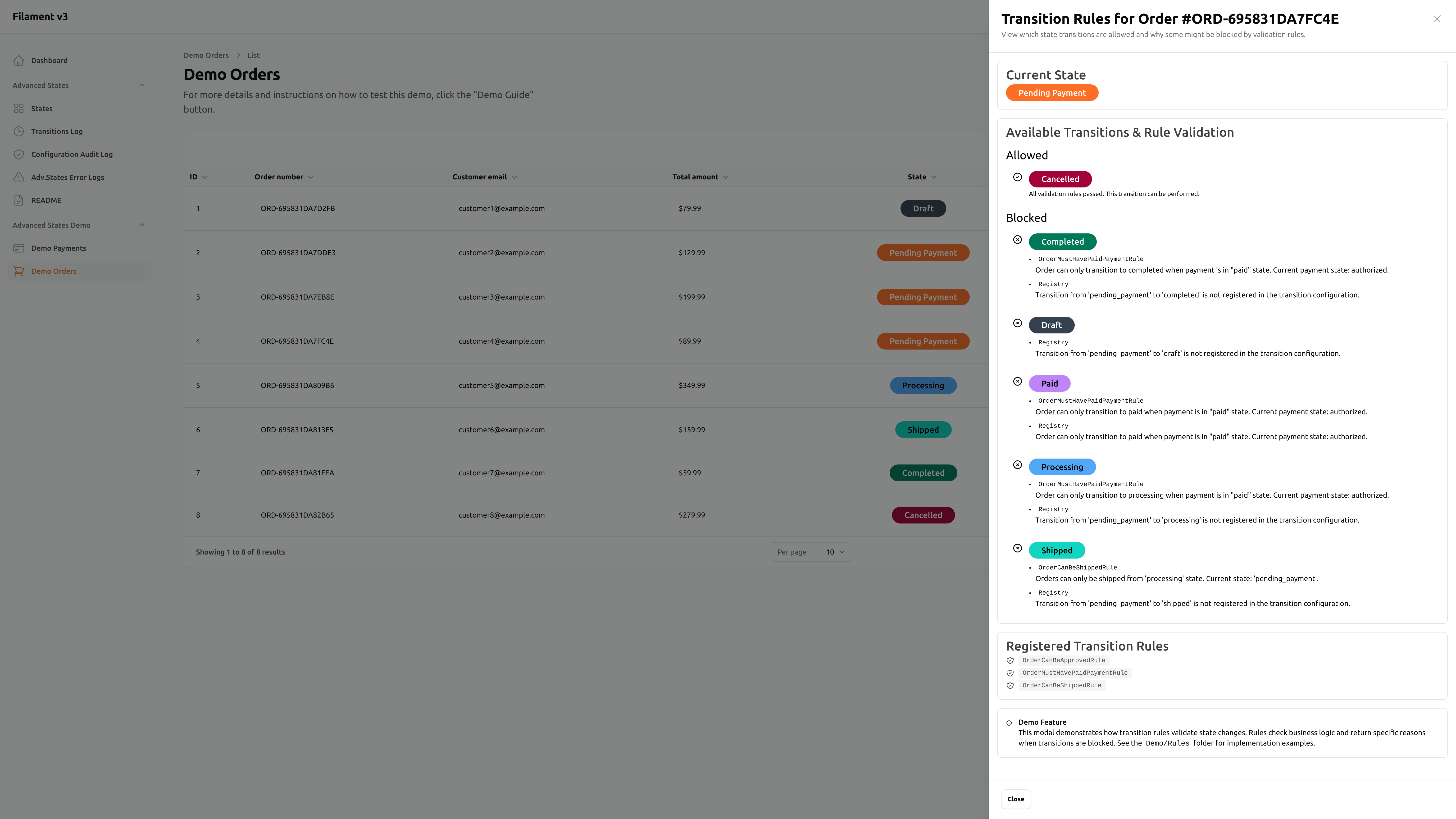 Demo Order – Transition Rules – Light mode