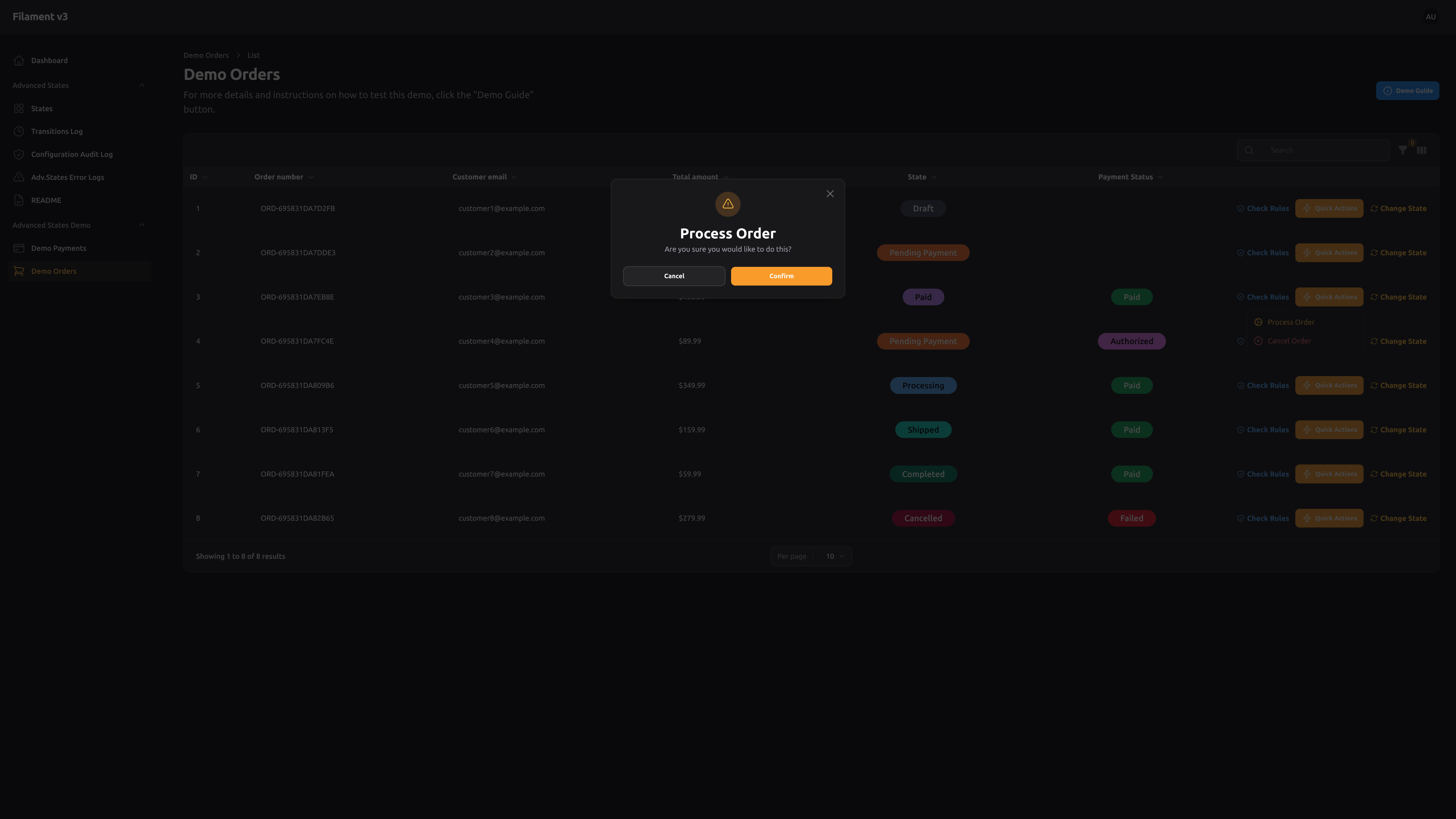 Demo Order – Action confirmation modal – Dark mode