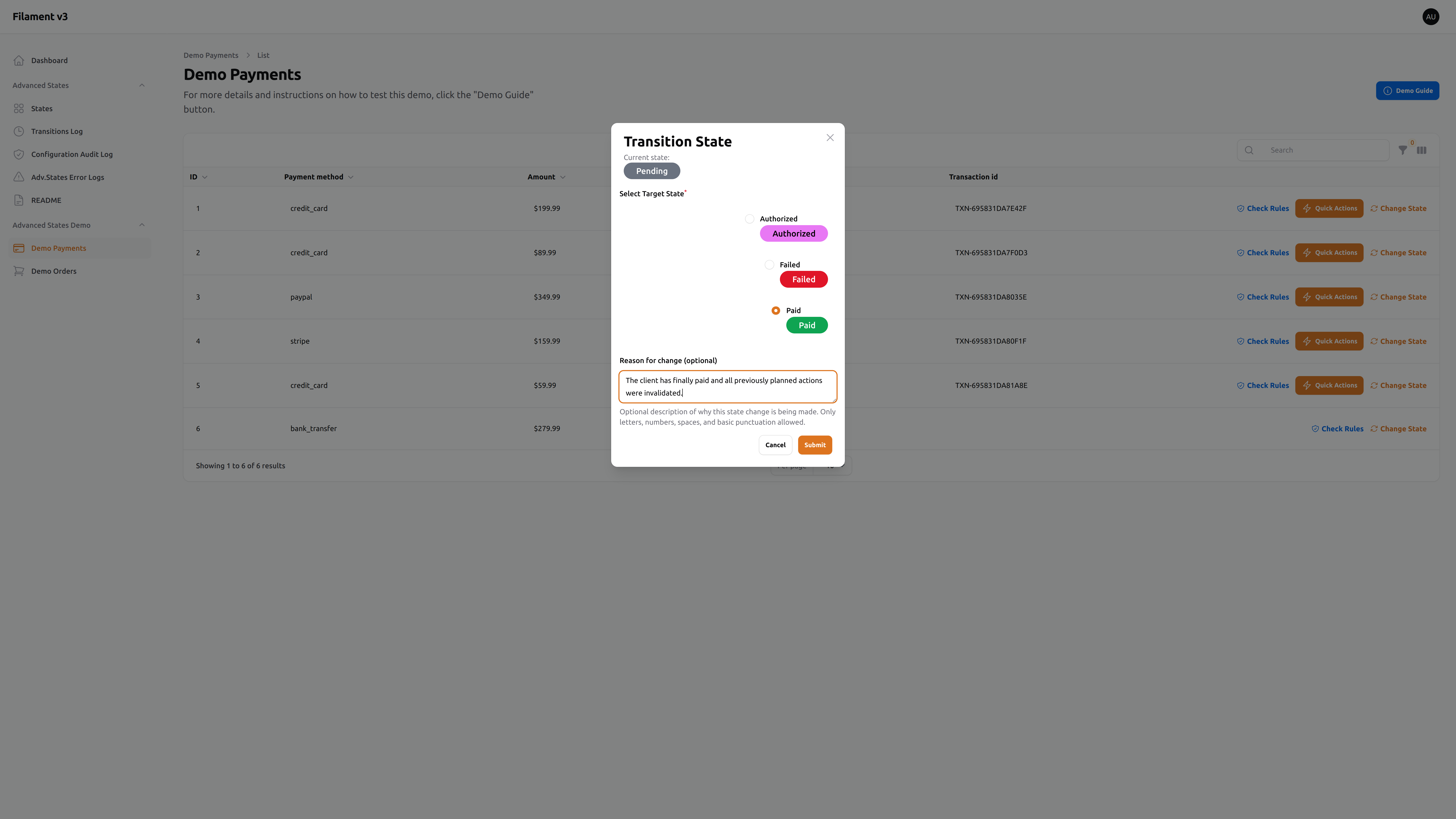 Demo Payments – Transition State – Light mode