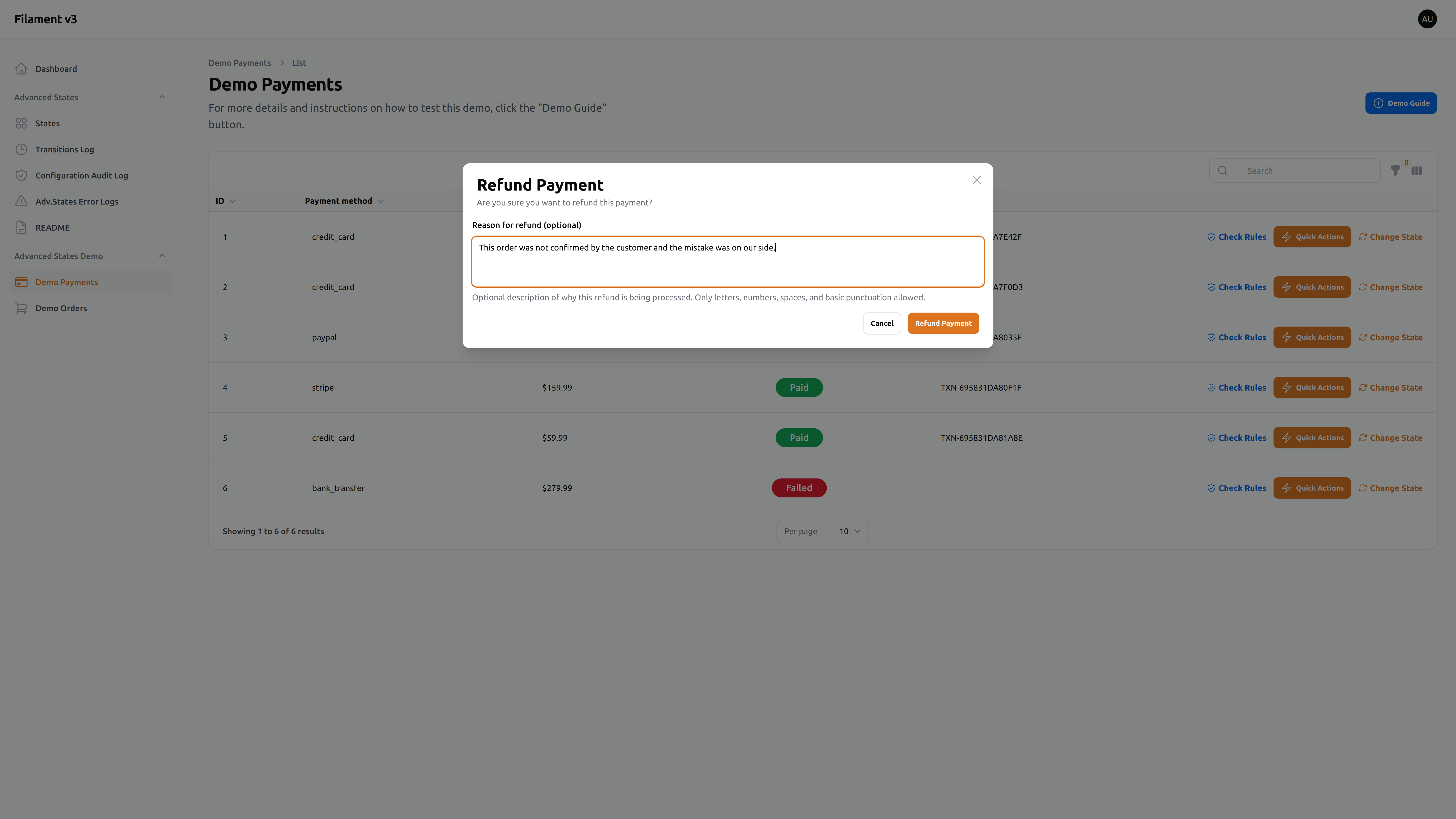 Demo Payments – Refund Payment modal – Light mode