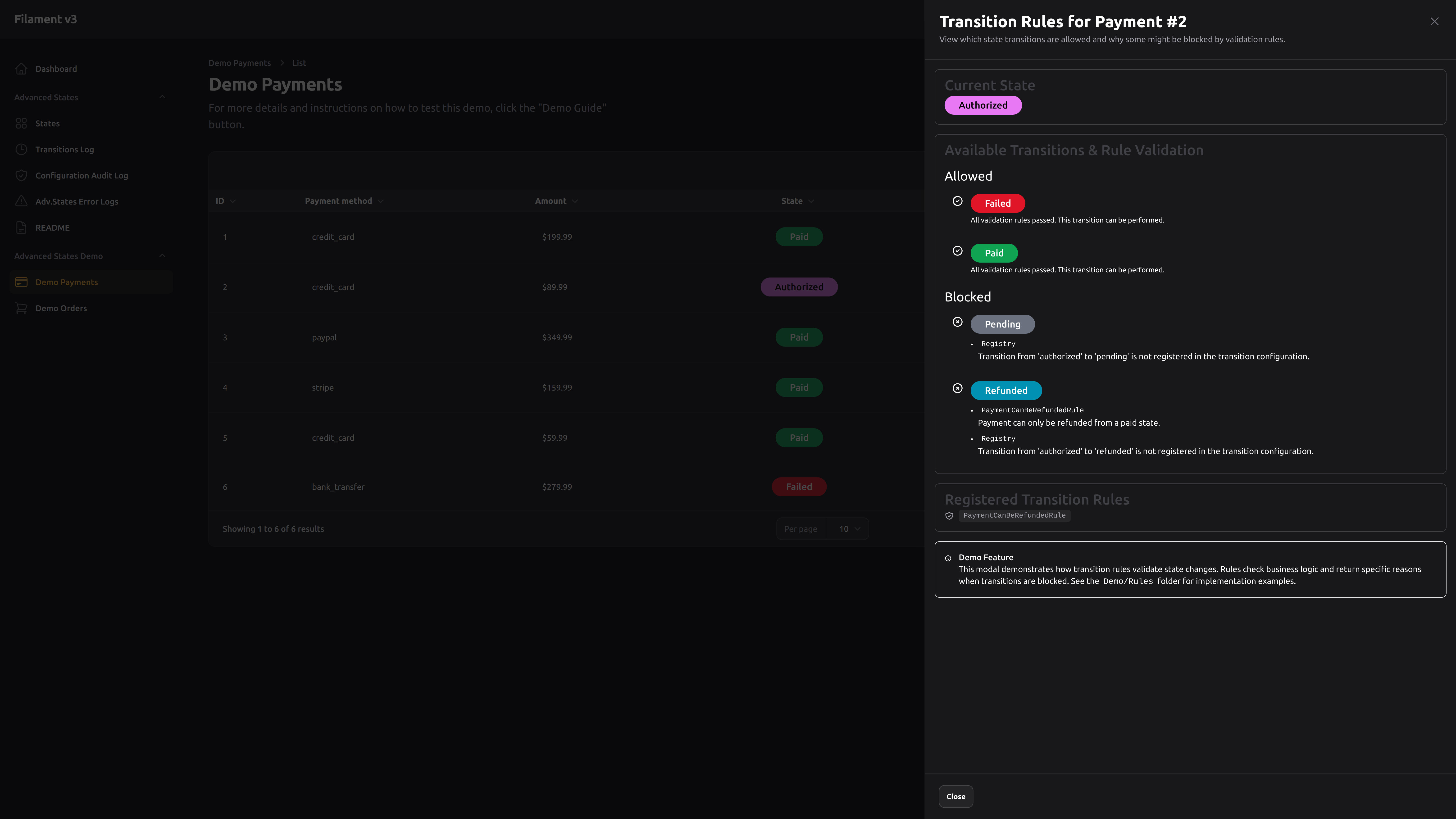Demo Payment – Transition Rules – Dark mode