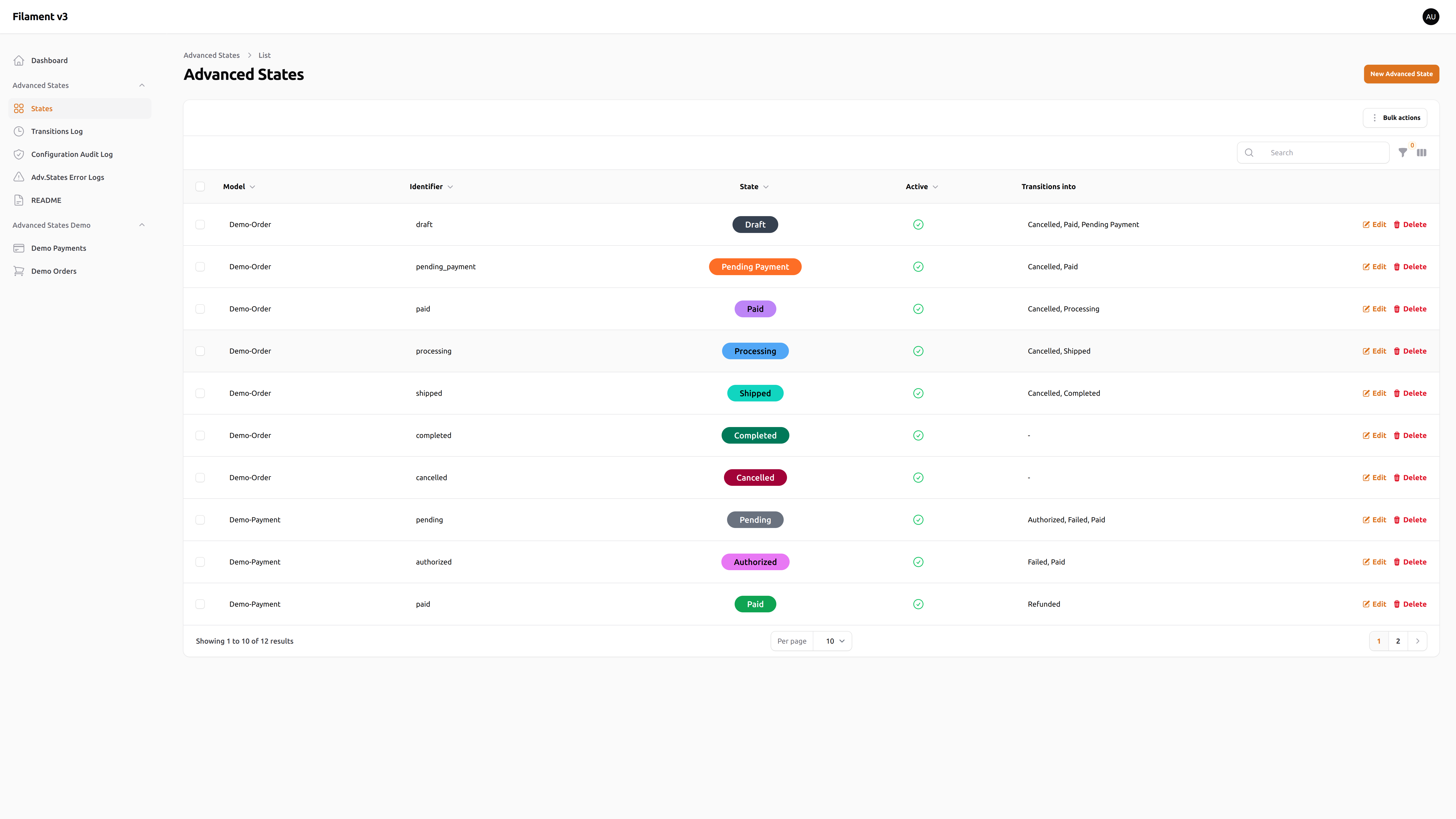Advanced States list view – Light mode