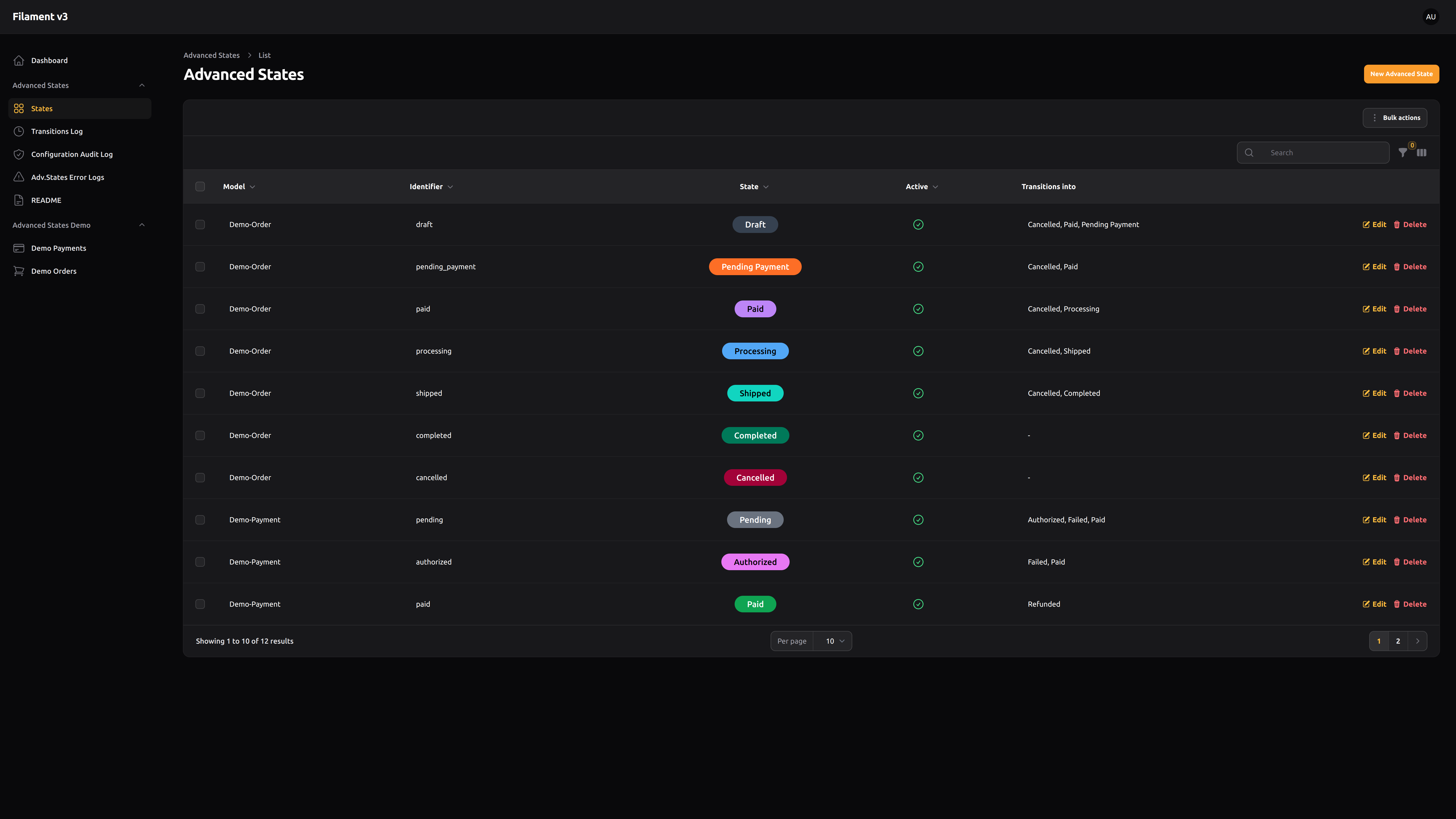 Advanced States list view – Dark mode