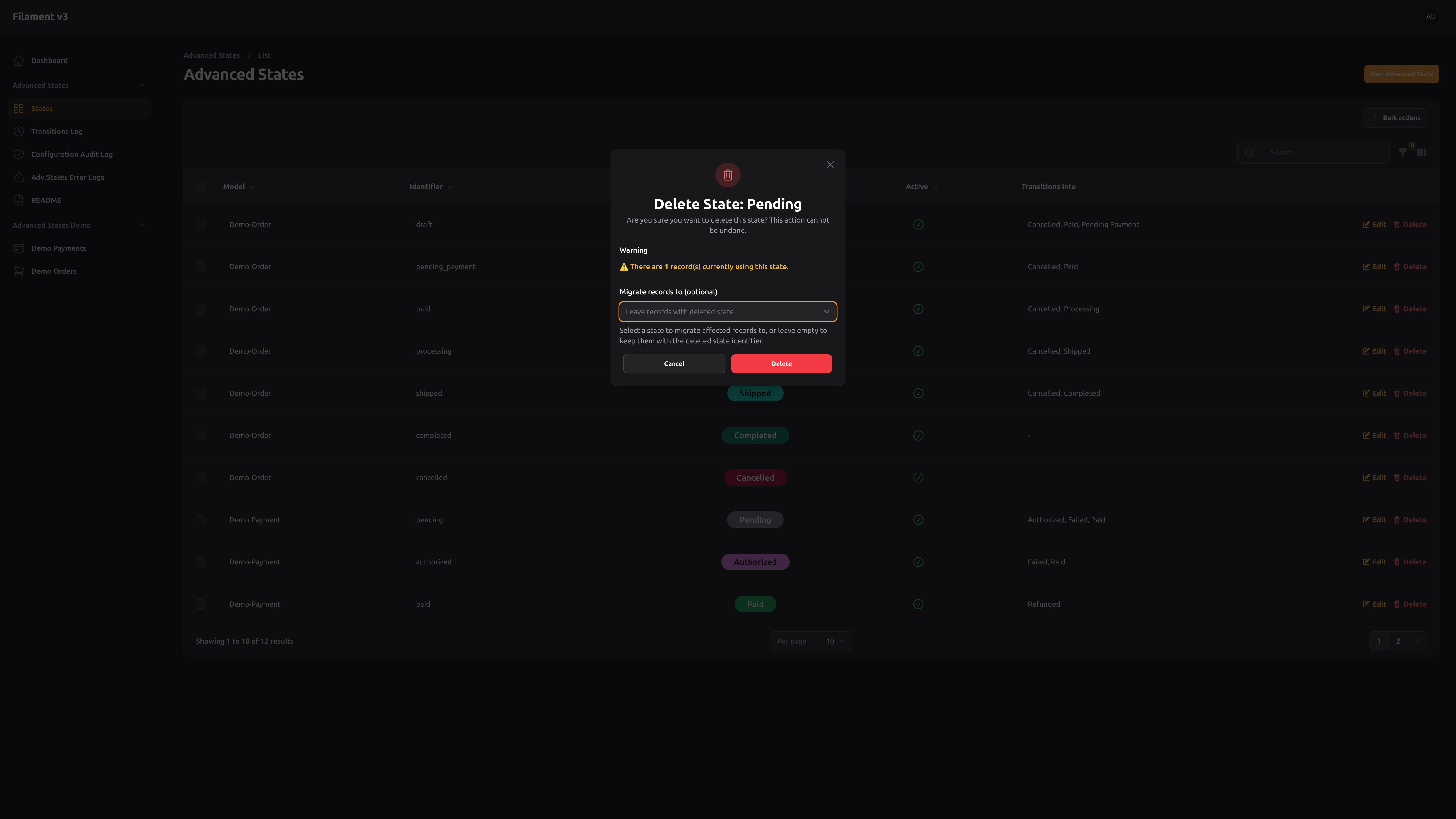 Delete Advanced State – Dark mode