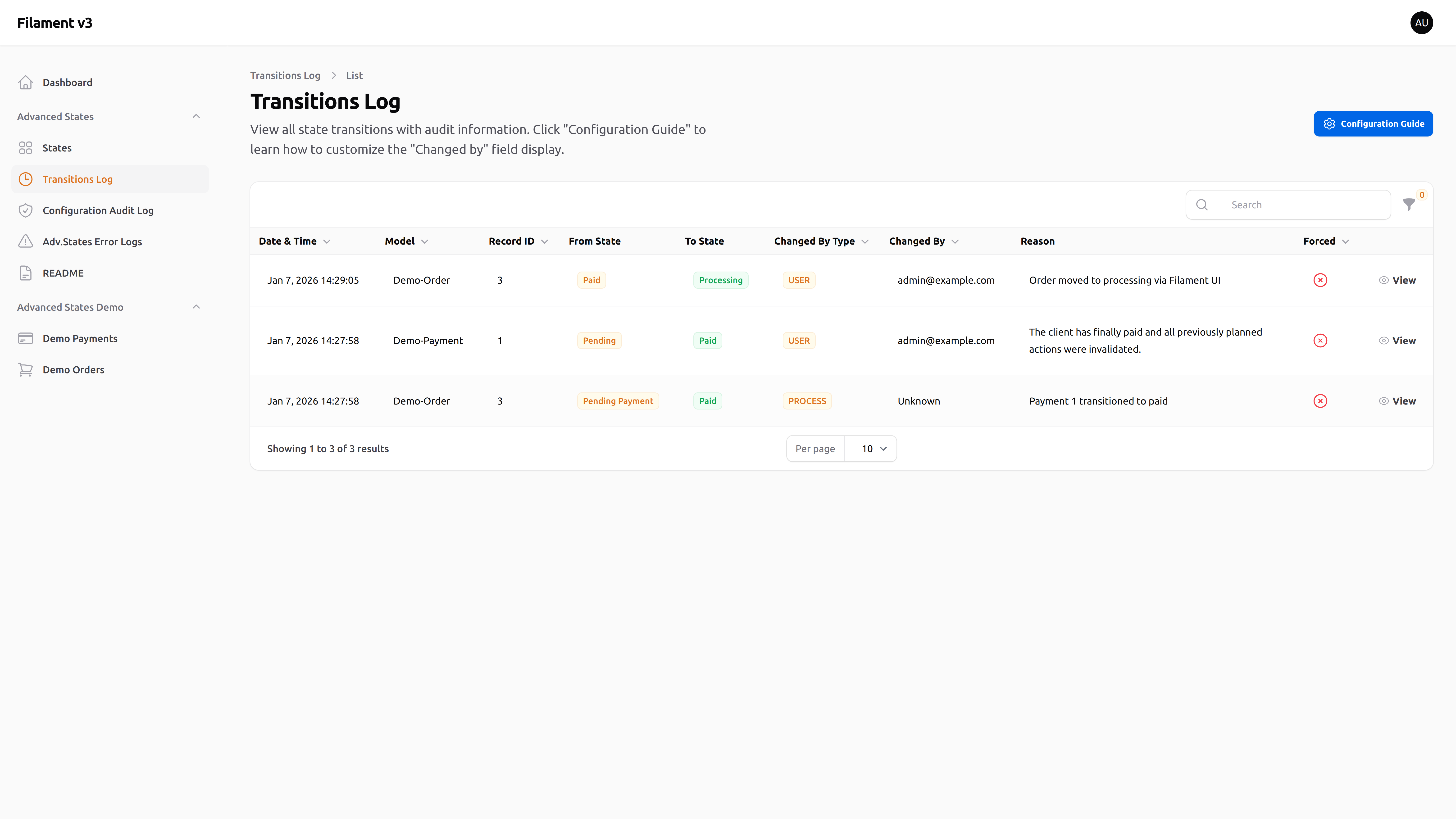 Transitions Log – Light mode