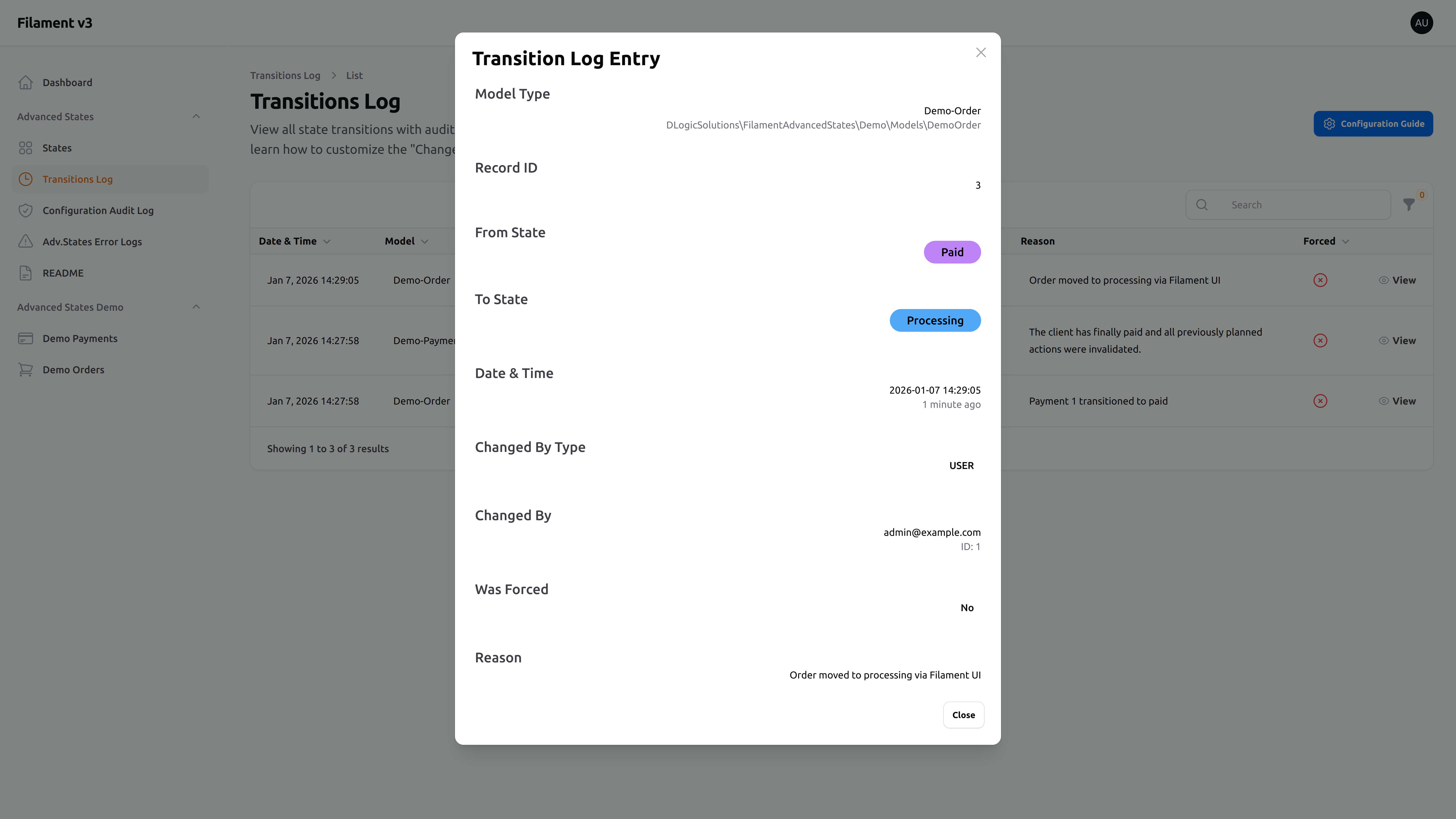 Transition Log Entry – Light mode