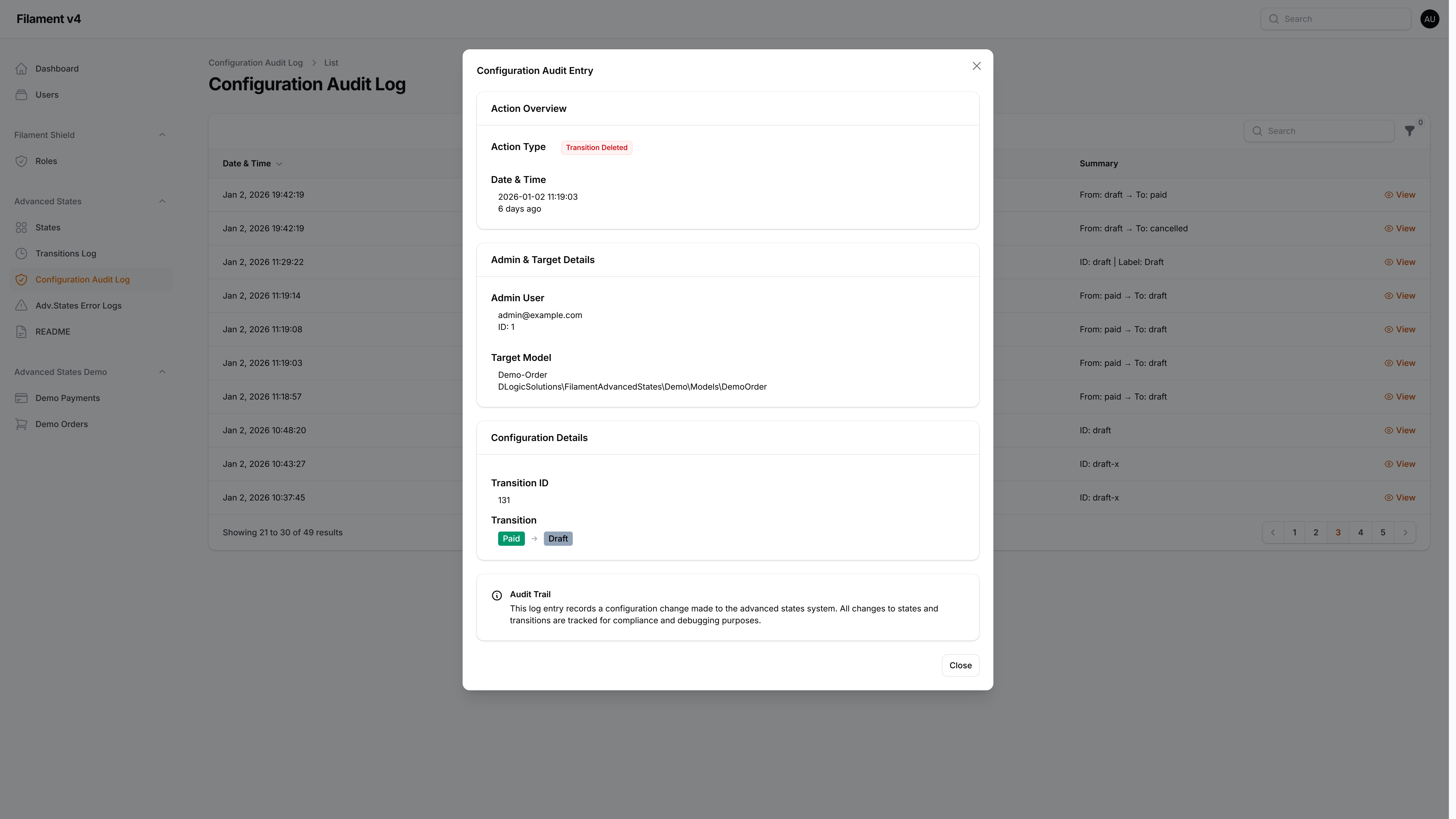 Configuration Audit Entry – Filament v4 – Light mode
