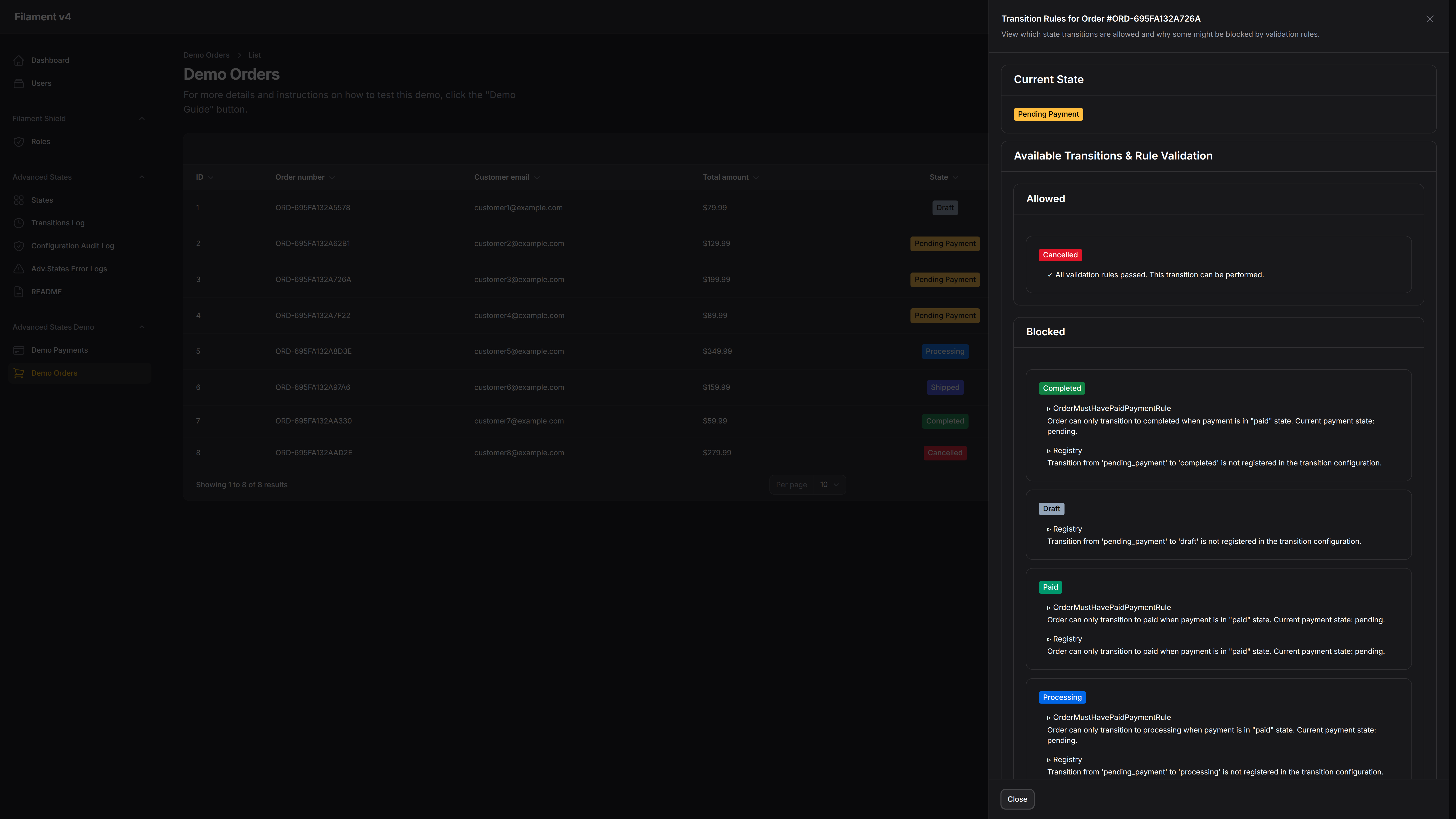 Demo Order – Transition Rules – Filament v4 – Dark mode