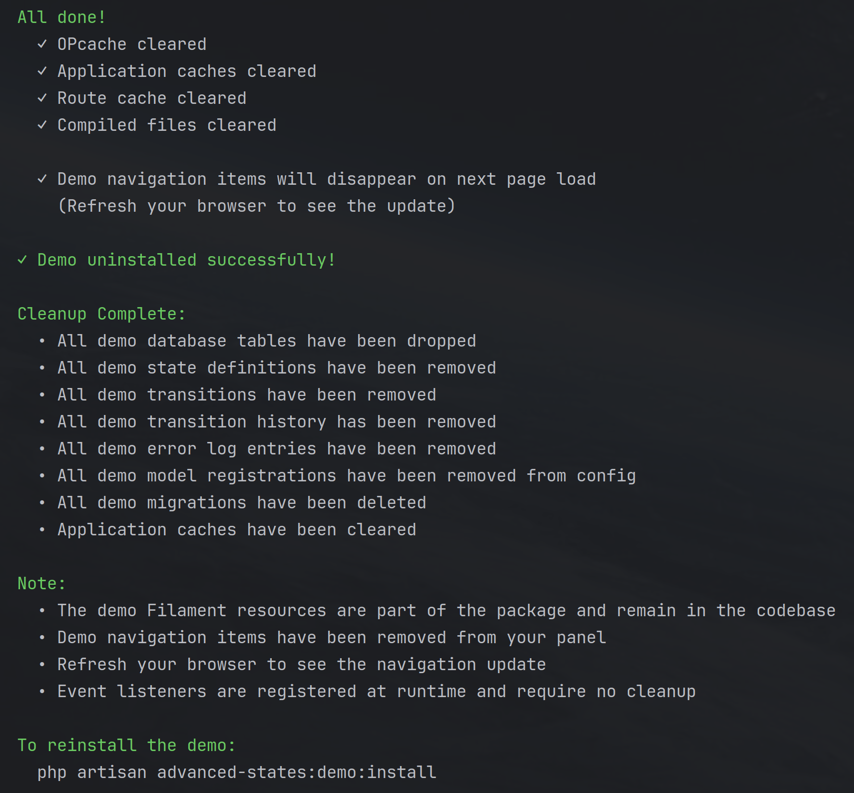 Running demo uninstall Artisan command