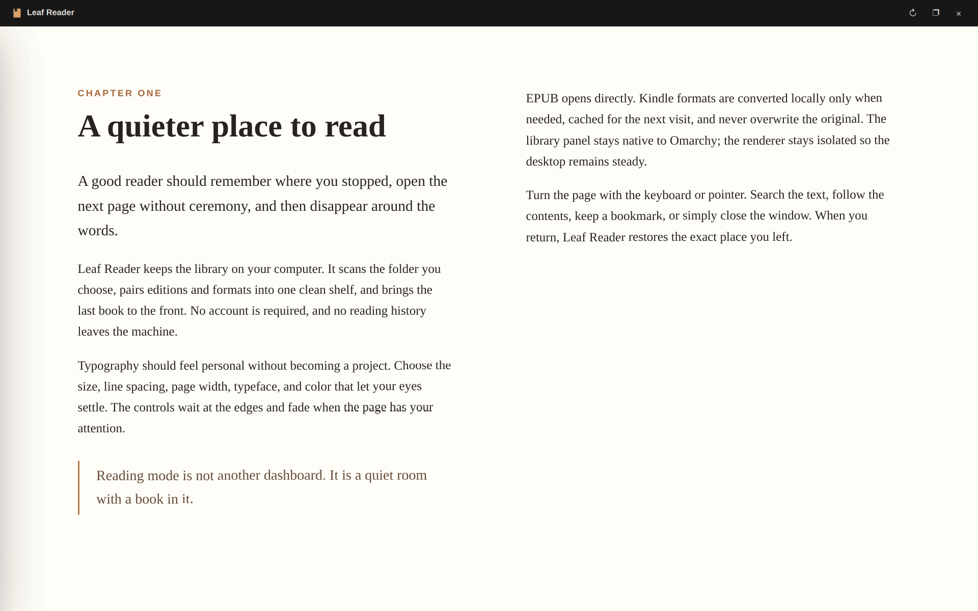 Leaf Reader in distraction-free two-page reading mode