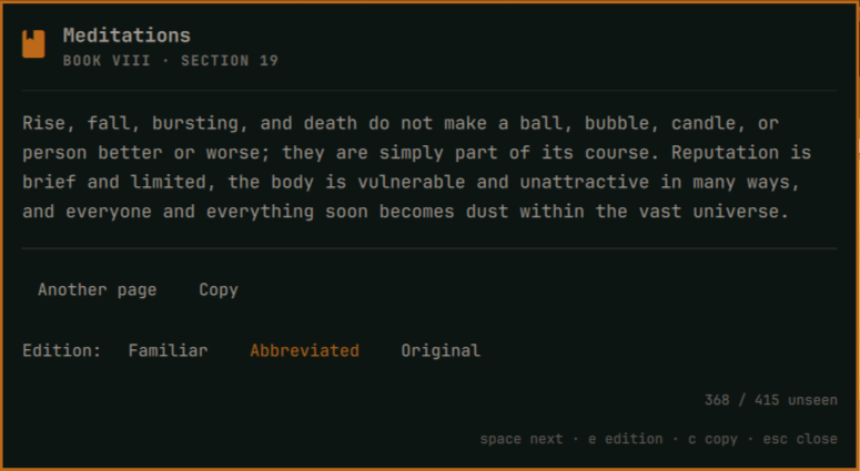 Meditations plugin showing the Abbreviated edition