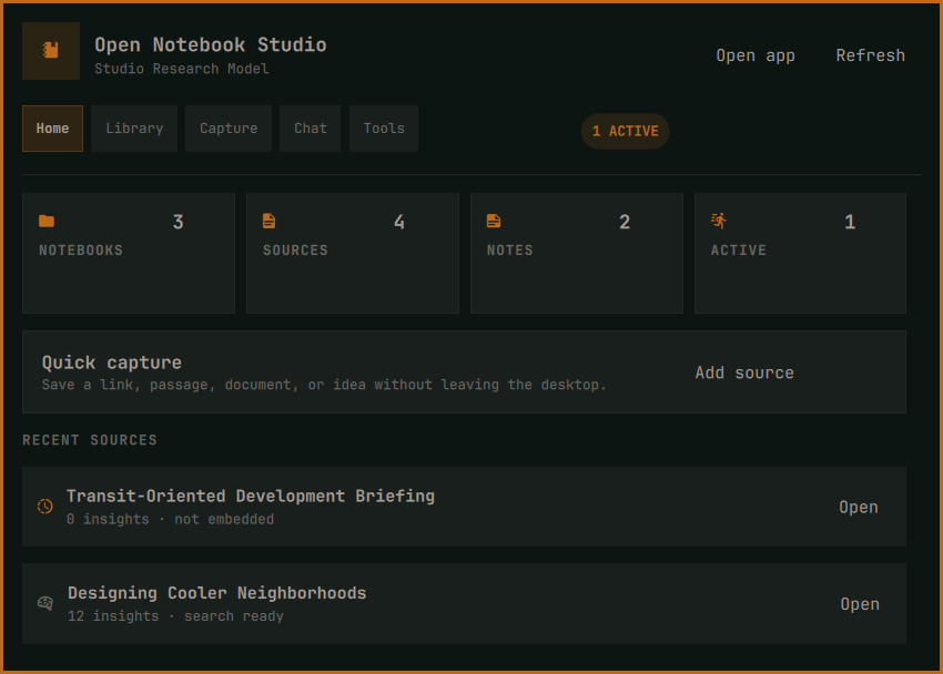 Open Notebook Studio Home panel showing knowledge-base totals, recent sources, an active job, and the configured chat model