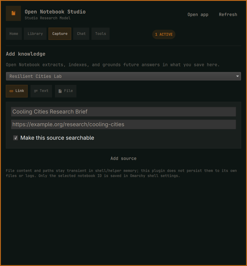 Open Notebook Studio Capture panel with a fictitious research link, notebook selection, Link, Text, and File modes, and a searchability control