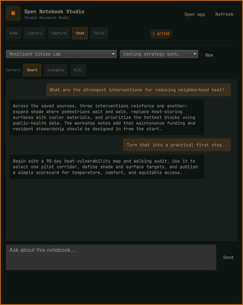 Open Notebook Studio Chat panel showing a fictitious source-grounded conversation and Smart, Insights, and Full context controls