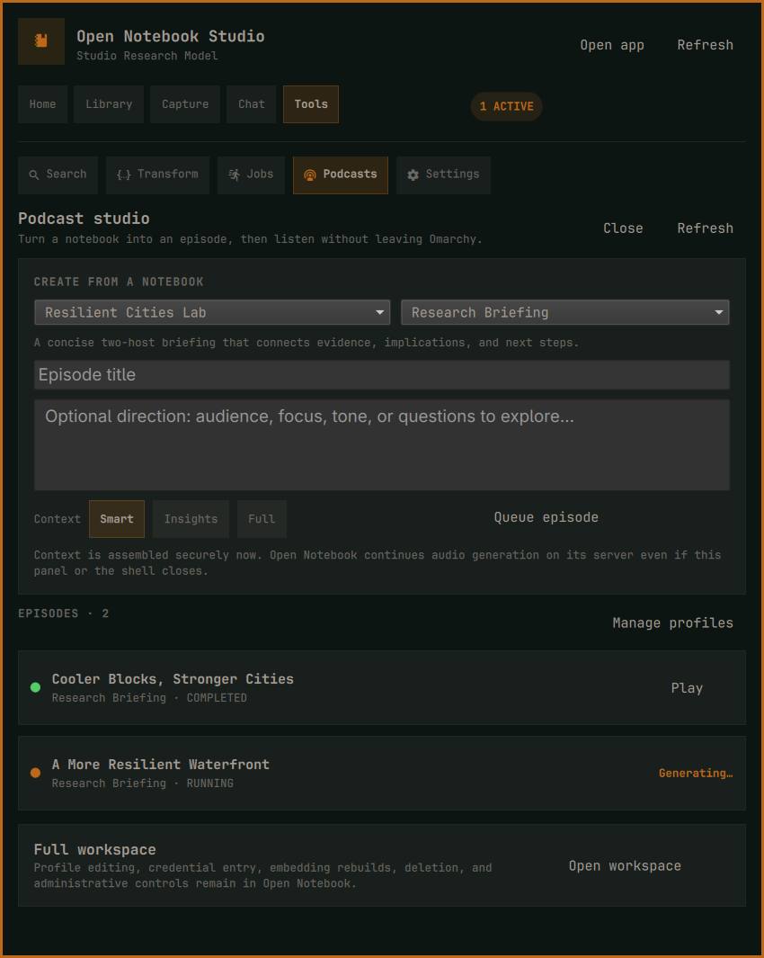 Open Notebook Studio Podcast Studio showing the episode generator, a completed fictitious episode, and another episode generating in the background