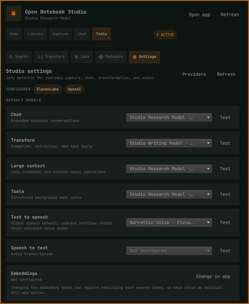 Open Notebook Studio Settings panel showing fictitious configured providers, model defaults, and explicit test controls