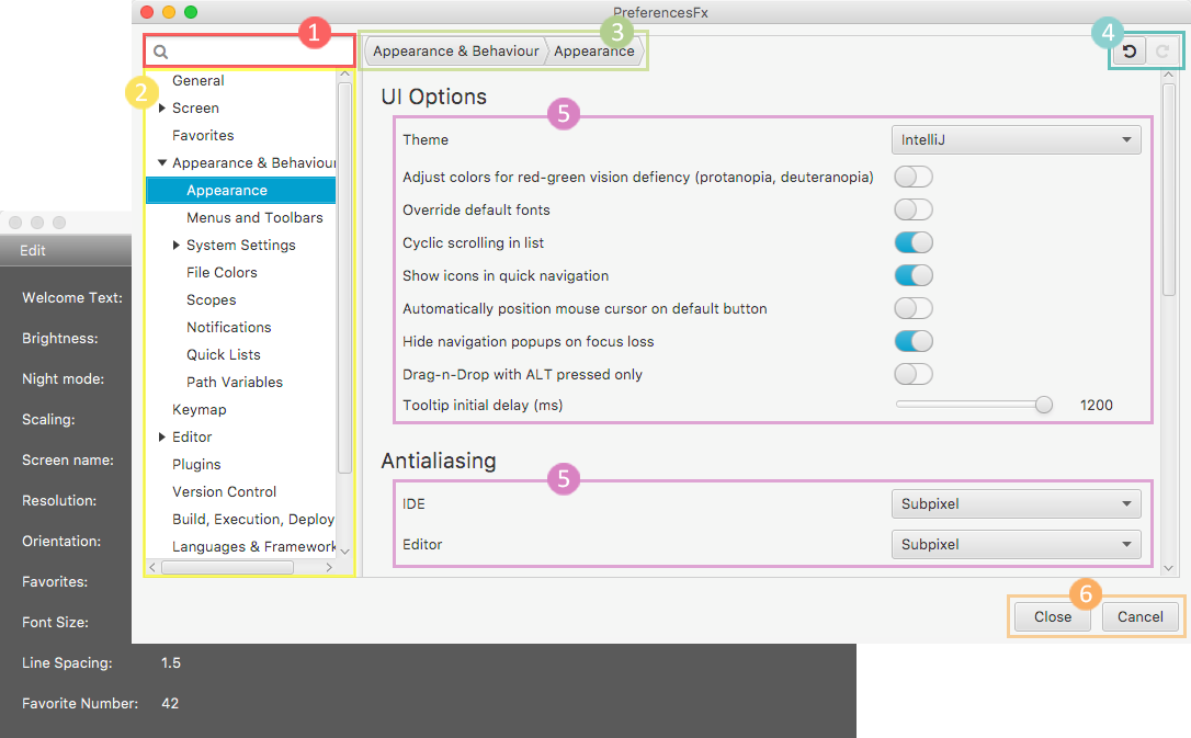 screenshot of created preferences dialog with features