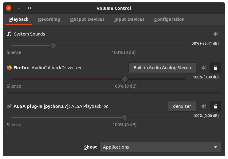 pavucontrol window and parameters to use.