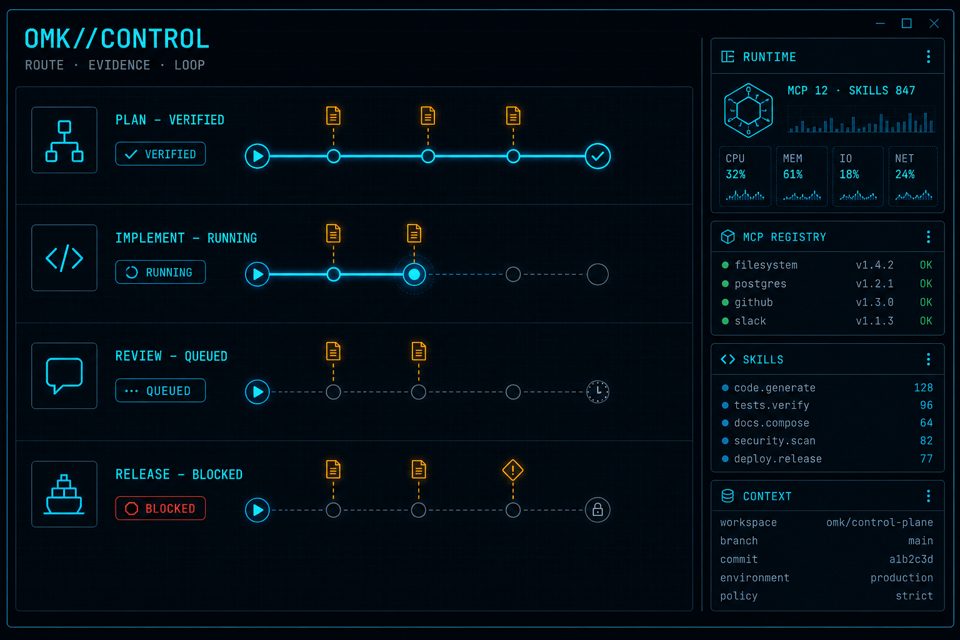 OMK//CONTROL terminal dashboard showing model routing, tools, and session status