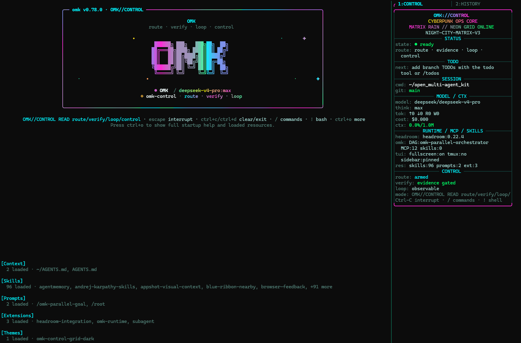OMK//CONTROL terminal dashboard — live DAG lanes, provider routing, MCP health, evidence gates, and telemetry in Night City Ops Console style