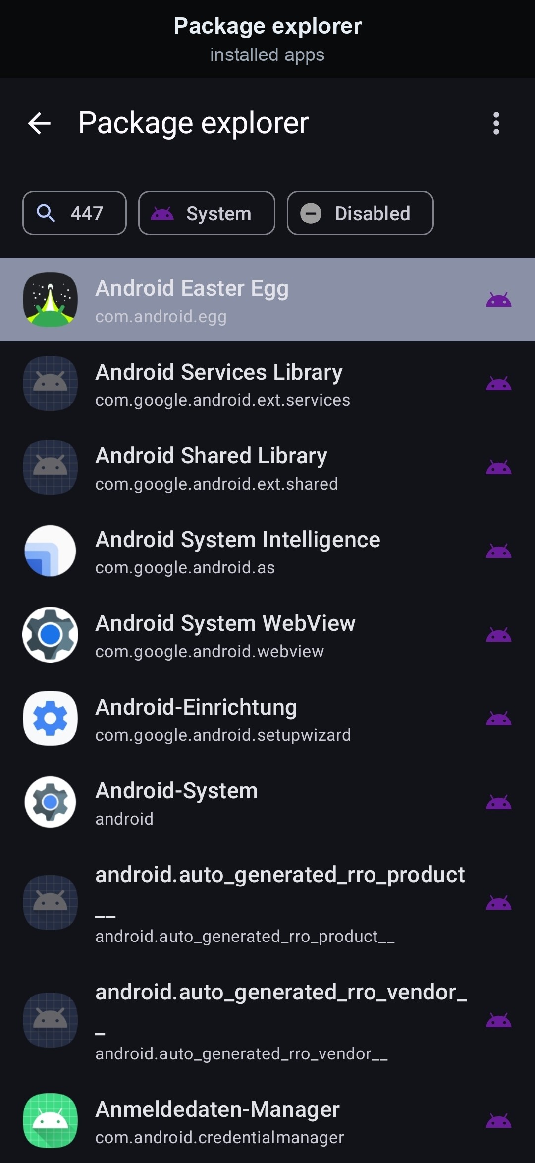 Package explorer — installed apps list screenshot