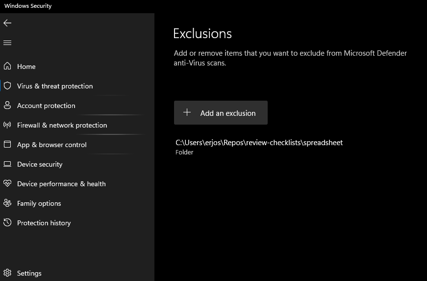 how to add an exception to windows security