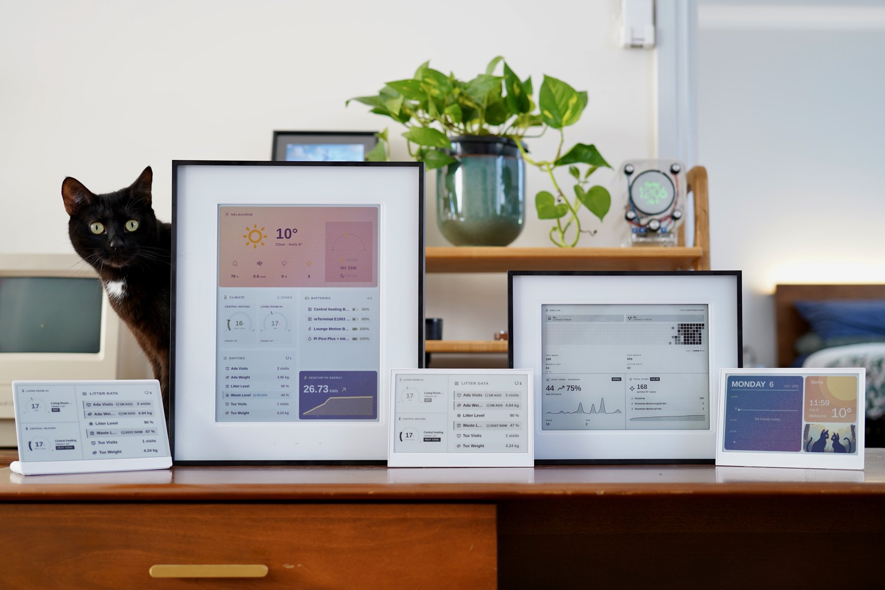 A family of Tesserae-driven e-ink displays on a shelf: reTerminal E1004 with a weather dashboard, reTerminal E1002 with a metrics view, XIAO ePaper panels, and a small colour Inky. Cat photobomb optional.